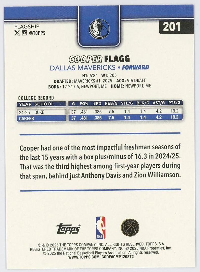 2025-26 Topps Flagship Cooper Flagg RC 库珀弗拉格 新秀 正base 普卡 独行侠 美国之子 卡品如图 1BL6/11.27