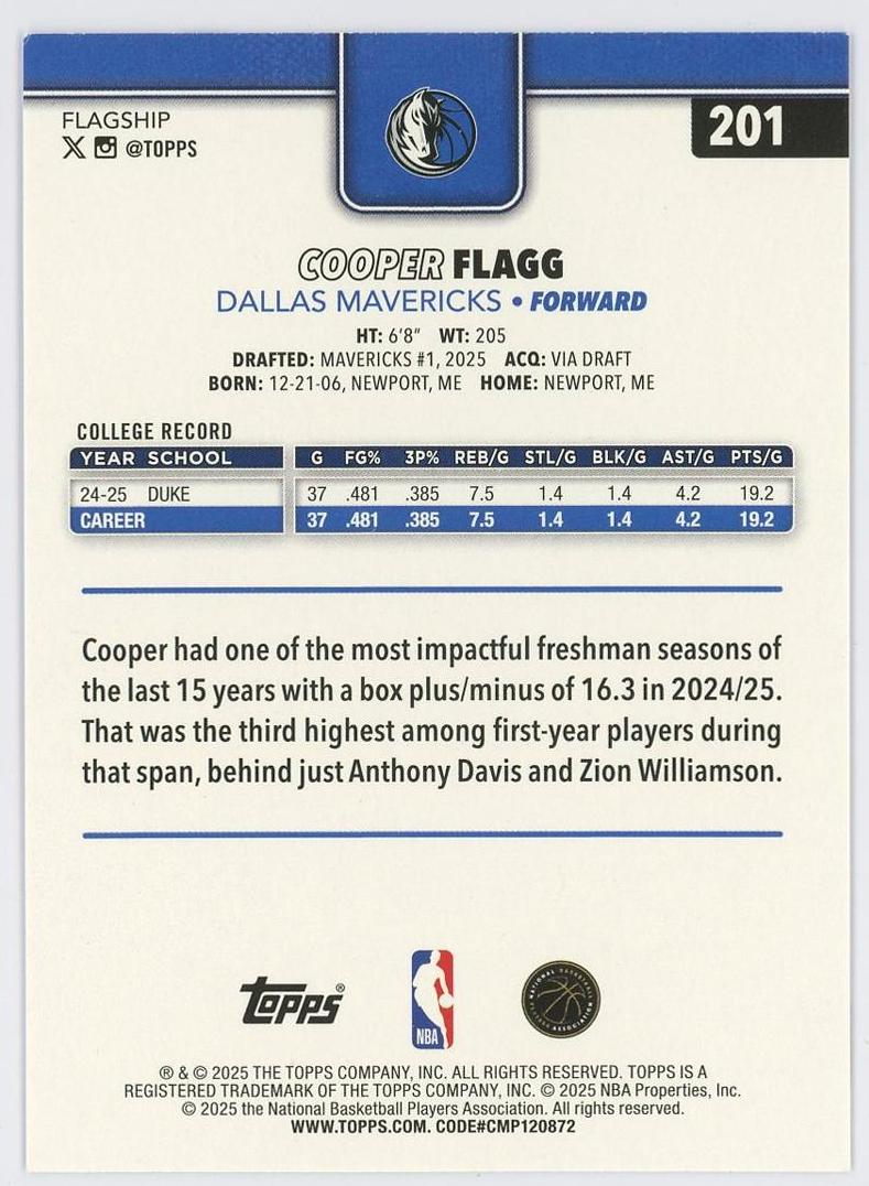 2025-26 Topps Flagship Cooper Flagg RC 库珀弗拉格 新秀 正base 普卡 独行侠 美国之子 卡品如图 1BL6/11.27