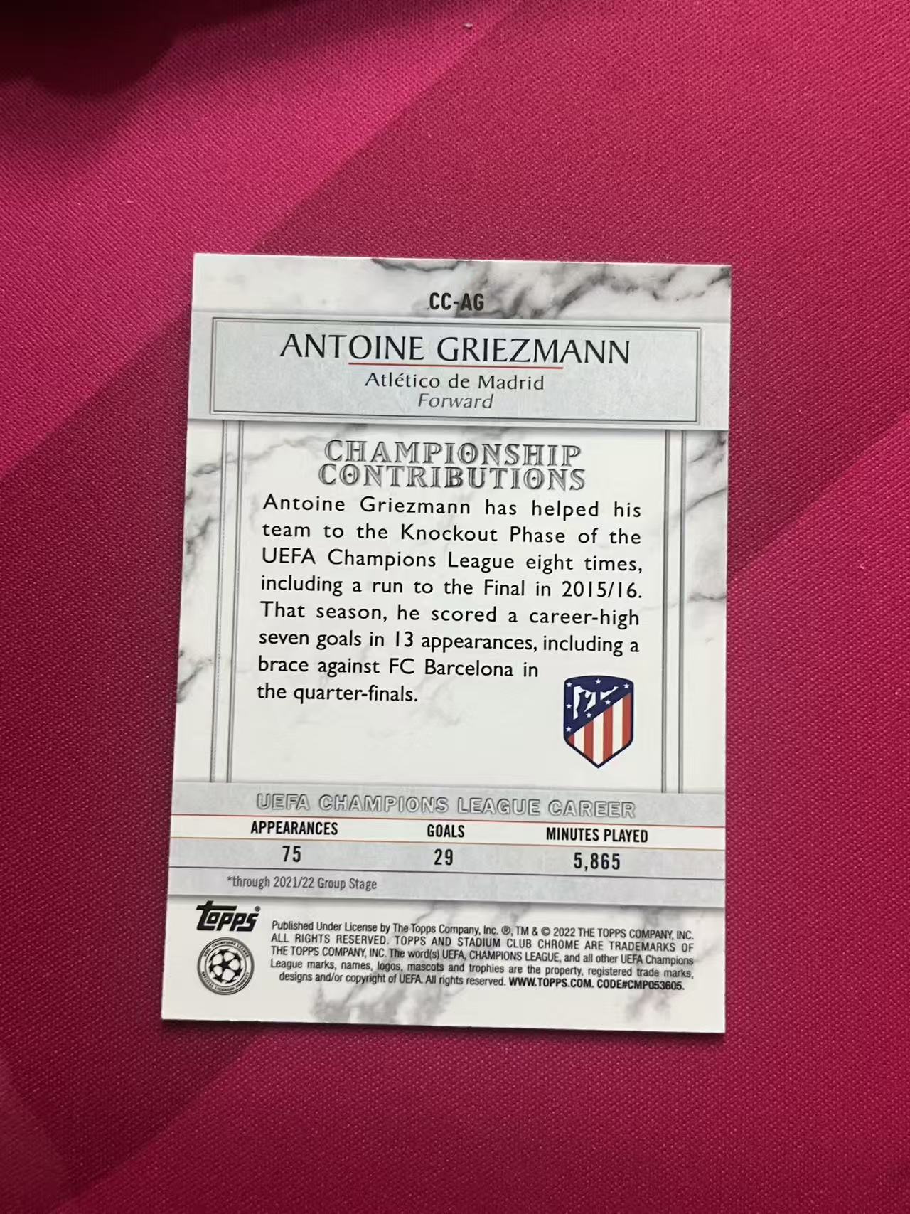 2022 Topps Stadium Club Chrome Antoine Griezmann #CC-AG 竞技场 马德里竞技 欧冠 格列兹曼 B62