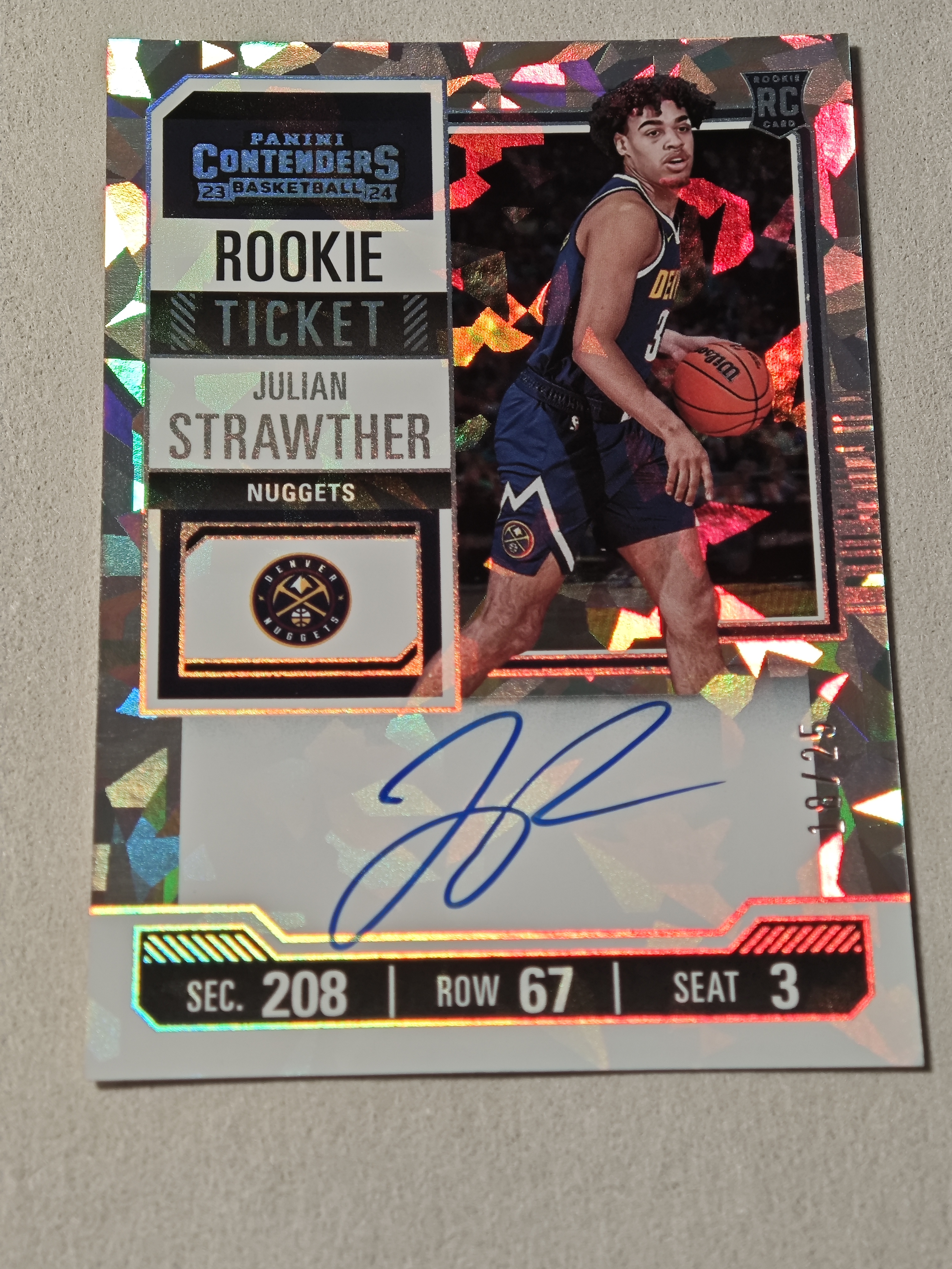 2023-24 Panini Contenders Julian Strawther RC 掘金 朱利安 斯特劳瑟 新秀 球票 碎冰 25编正球票 签字 约基奇队友 夺冠热门 微瑕如图
