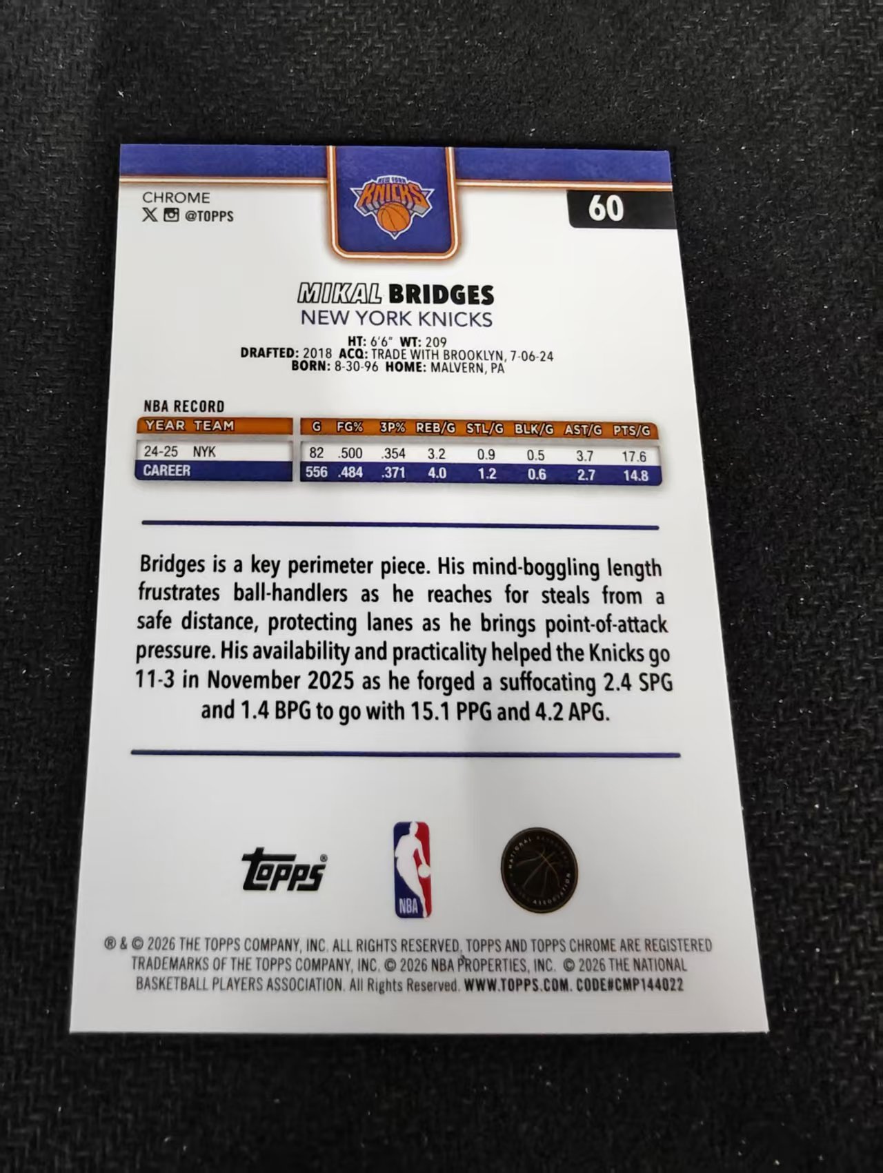 2026 Topps Chrome Update Mikal Bridges 布里奇斯 尼克斯 TCU 划痕 边角瑕疵 #60