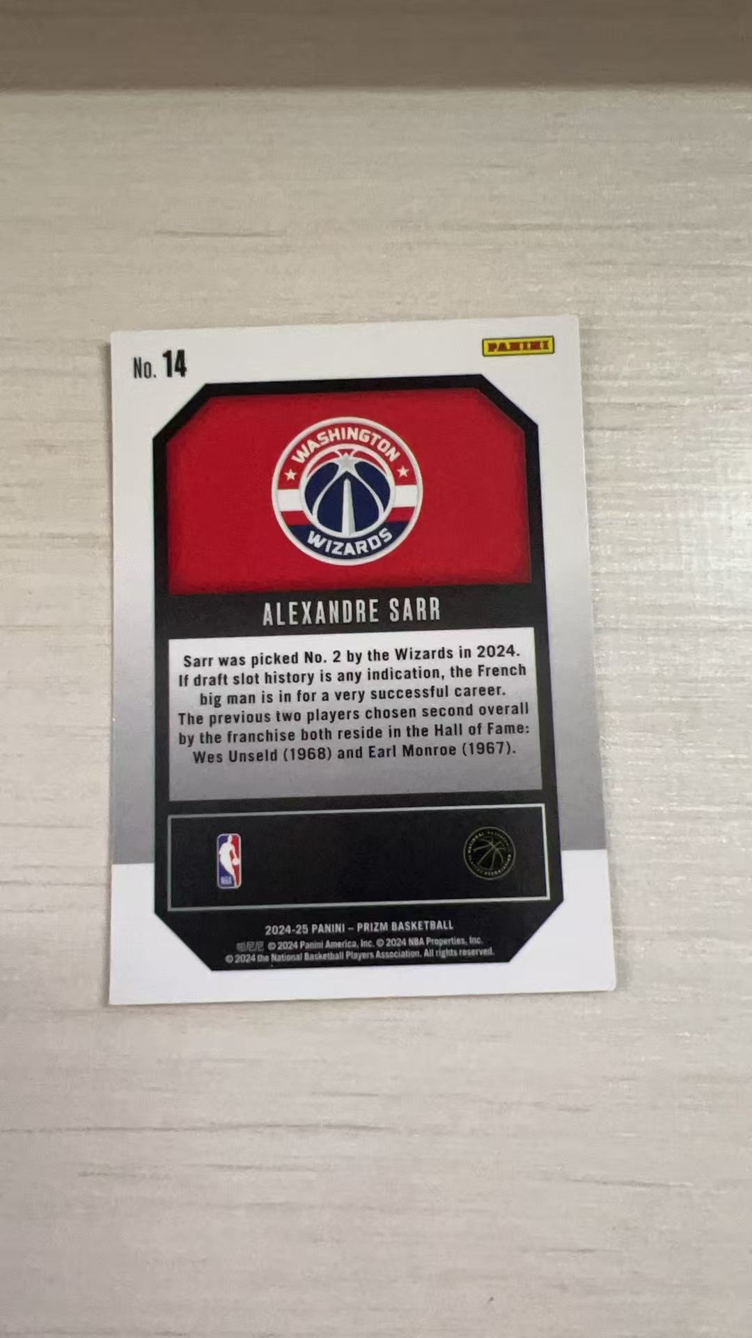 2024-25 Panini Prizm Alexandre Sarr RC #14 rookie 新秀年 RC 奇才 萨尔 PZ 亚历克斯