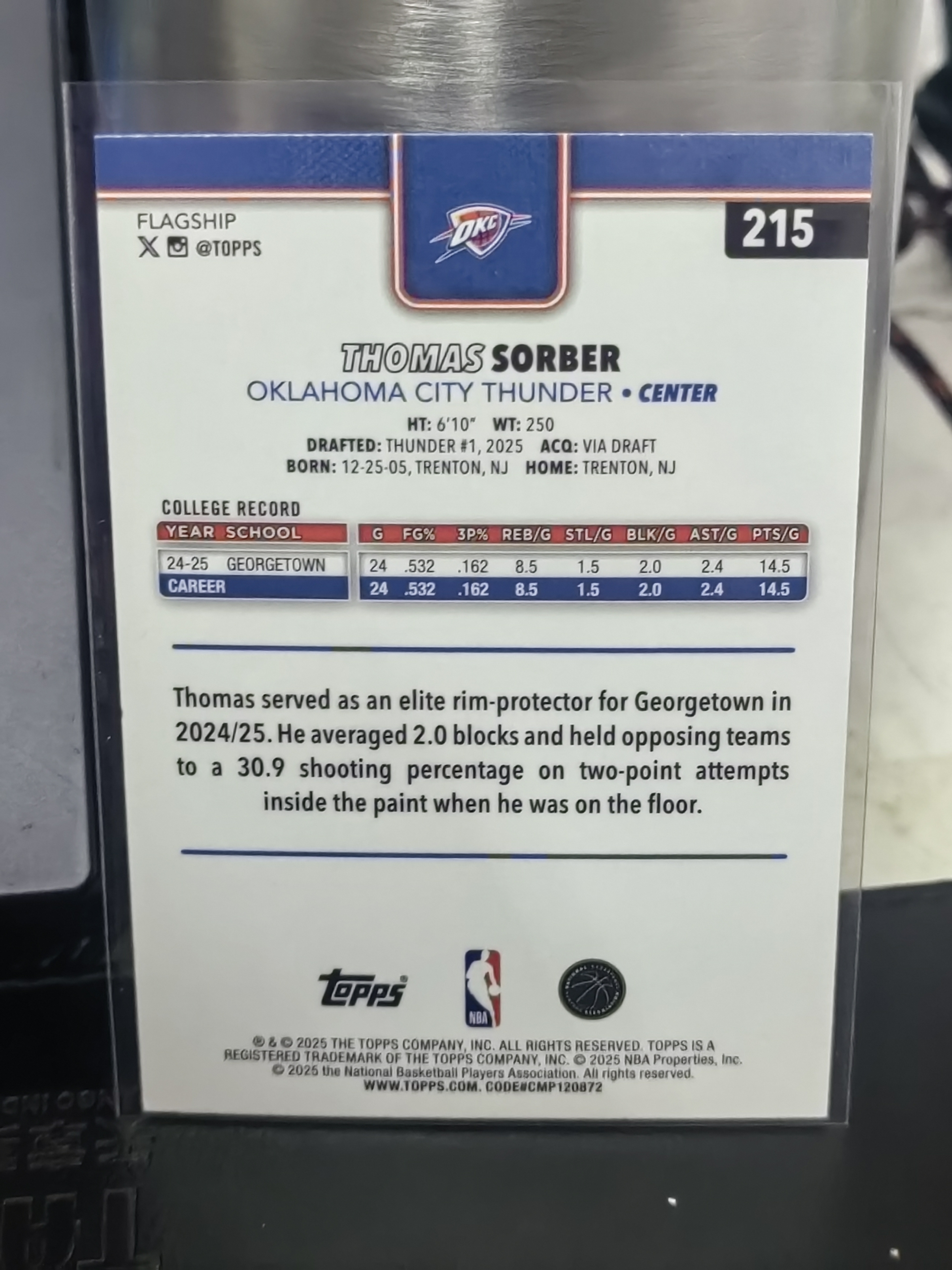 2025 Topps Topps Thomas Sorber RC Topps 折射 新秀 托马斯 索伯 雷霆 篮 白边白角 不保卡品 卡品如图