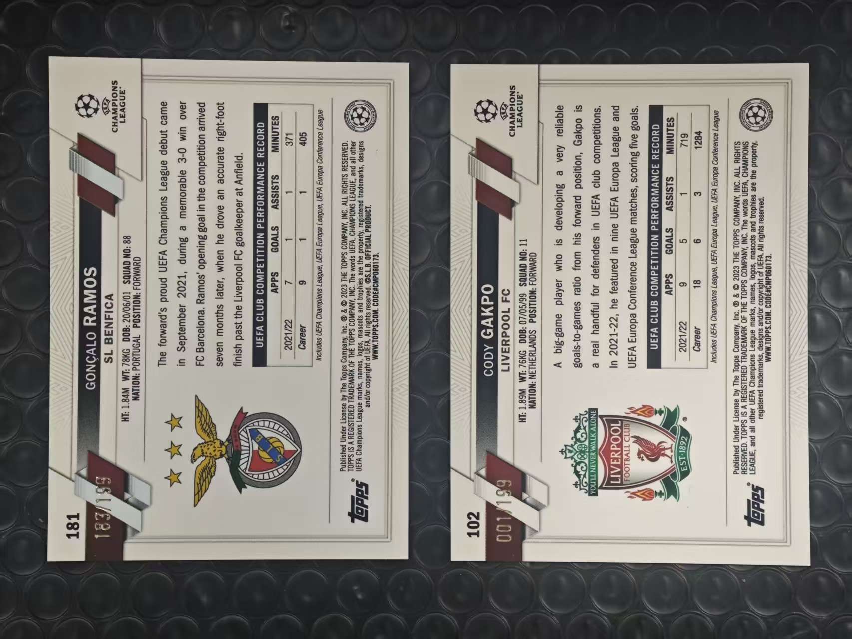 2023 Topps Chrome Cody Gakpo 欧冠TC 本菲卡 贡萨洛·拉莫斯 利物浦 荷兰 加克波 001/199编 青折 折射 2张打包LOT 卡如图【原地起飞卡社】MVP11.11