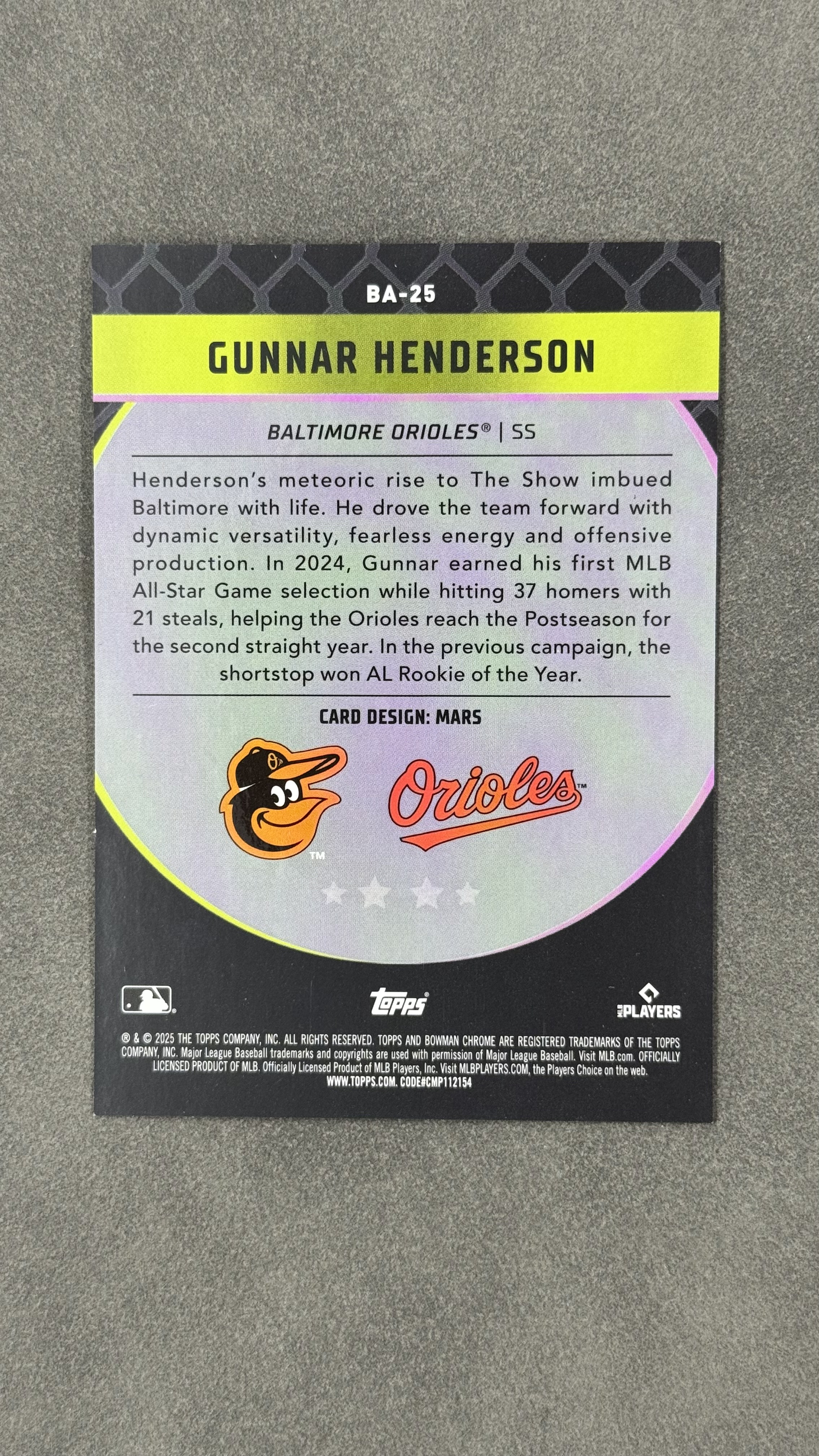 2025 Topps Bowman Gunnar Henderson 金莺队 贡拉尔 亨德森 飞升折射特卡 Ascensions 大比例 SSP 实卡好看 值得收藏 #BA-25