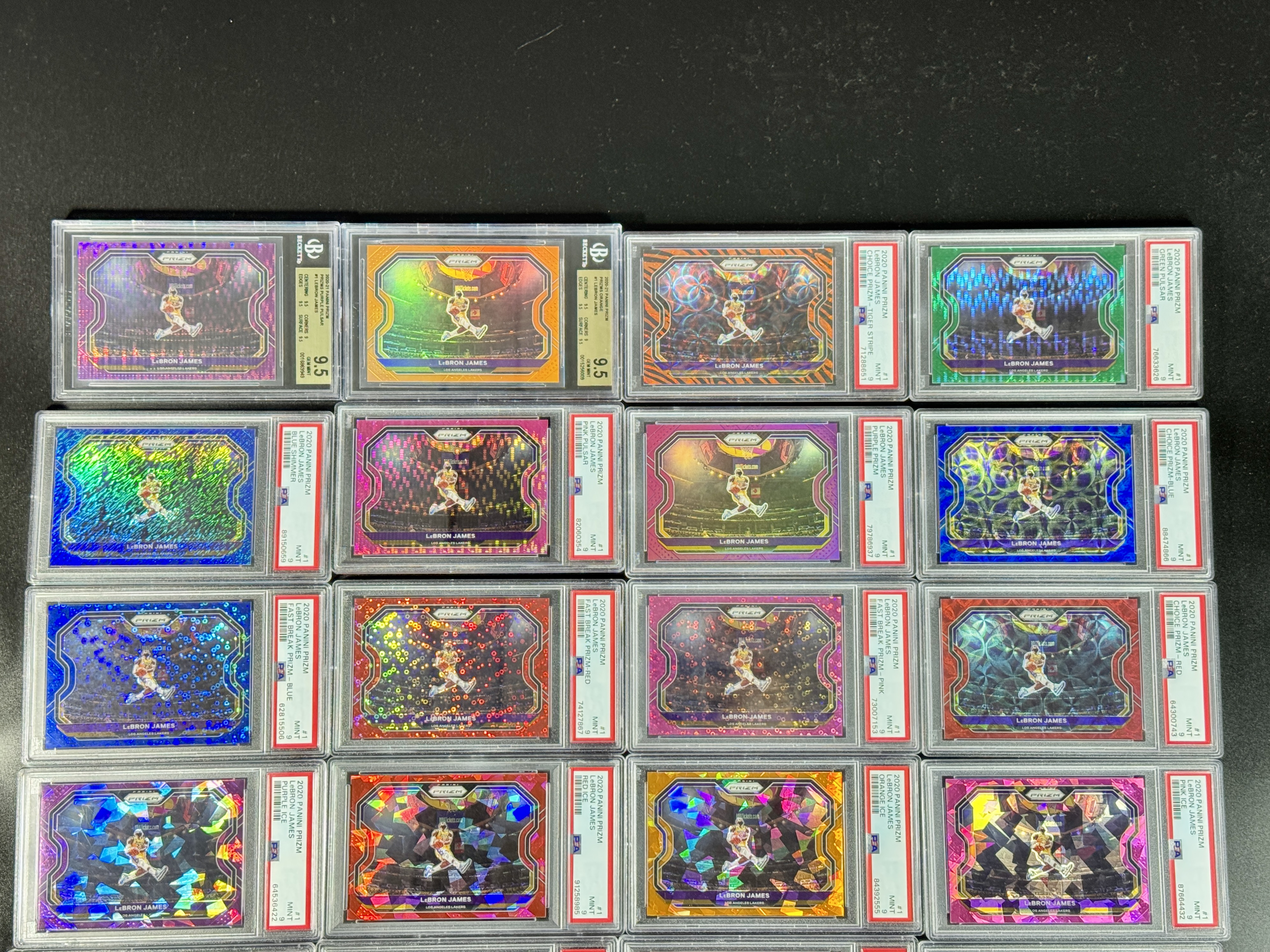 【喷子拍卖】2020-21 Prizm LeBron James lots 湖人 勒布朗 詹姆斯 剪刀脚 彩虹折射 老虎折 紫粉绿脉冲折 红蓝圈圈折 碎冰折 金波纹折 25编 35编 42编 49编 PSA9 BGS金标9.5 29张 小红