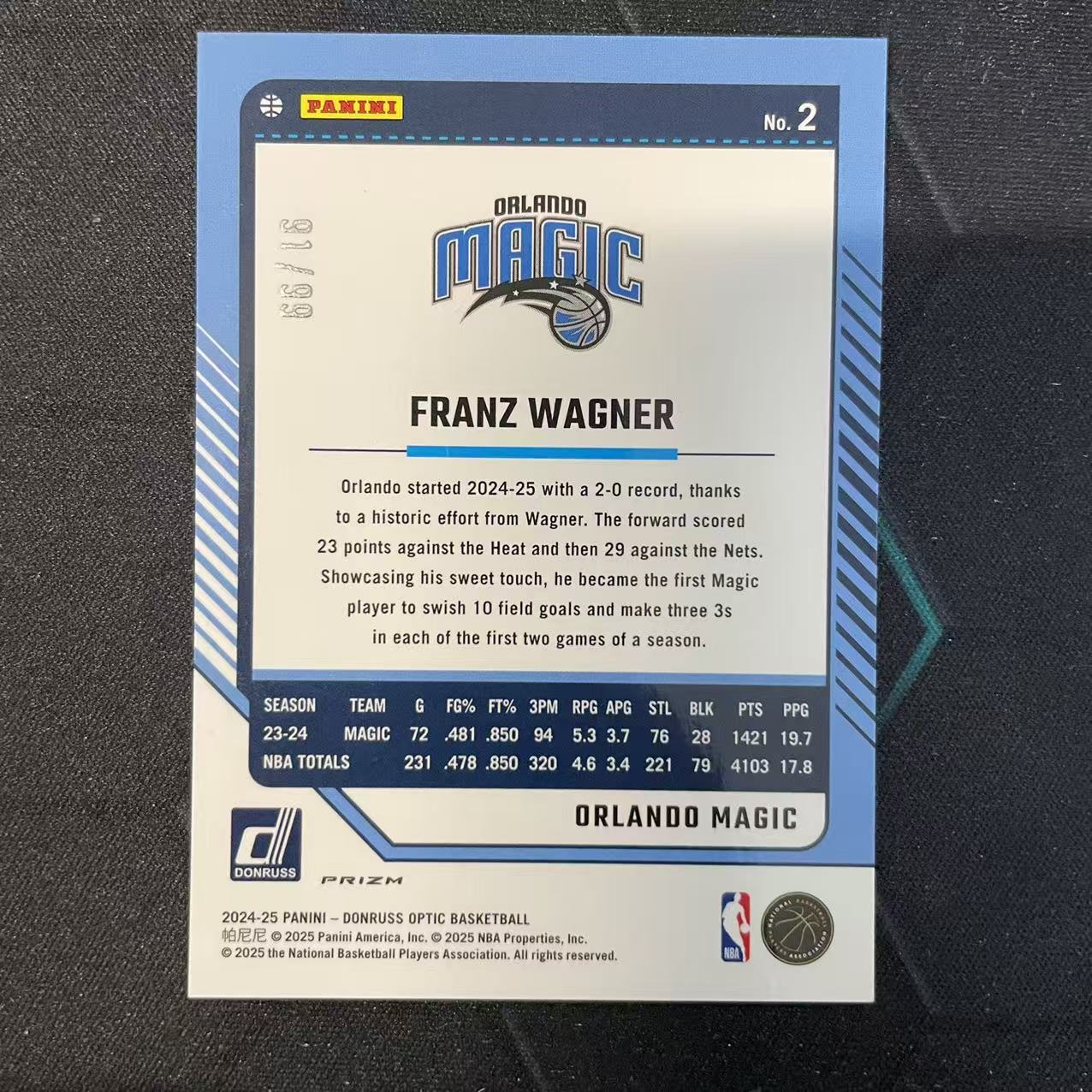2024-25 Panini Donruss Franz Wagner 【阿福代卖】弗朗茨 瓦格纳 魔术 杜蕾斯op 红金圈圈折 99编 收藏必备(行行行A)