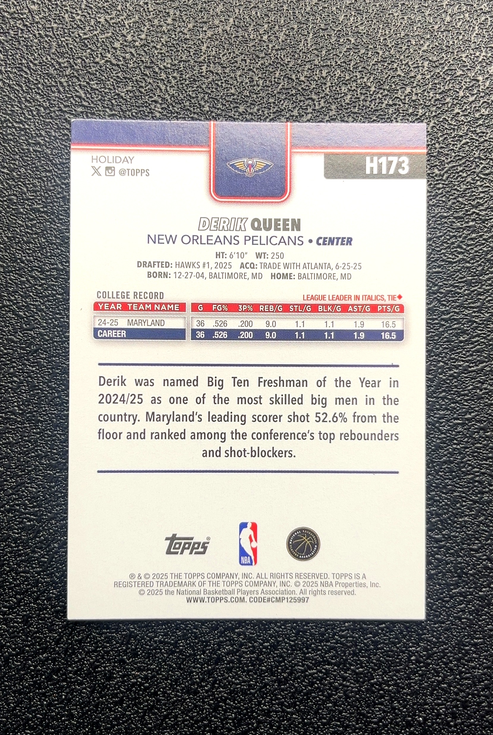 【小白1%代卖】2025 Topps Holiday 藤曼装饰卡 Derik Queen 德里克·奎恩 新秀 RC 卡品如图 高价值 #H173 New Orleans 0018#64
