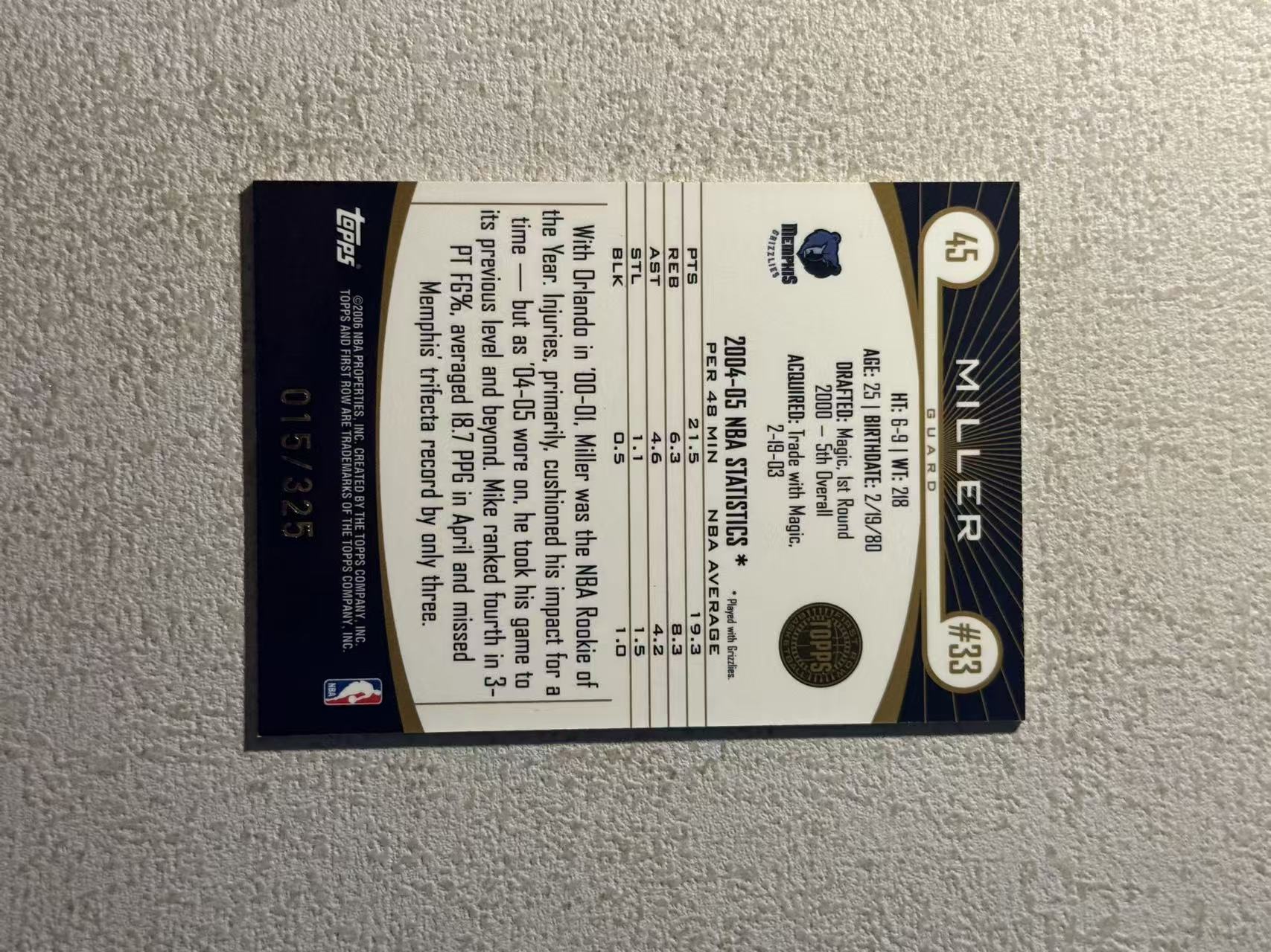2006 Topps First Row Mike Miller 灰熊 名宿 迈克 米勒 15/325编 折射 稀有带编老卡 经典选图 老卡微瑕 收藏必备