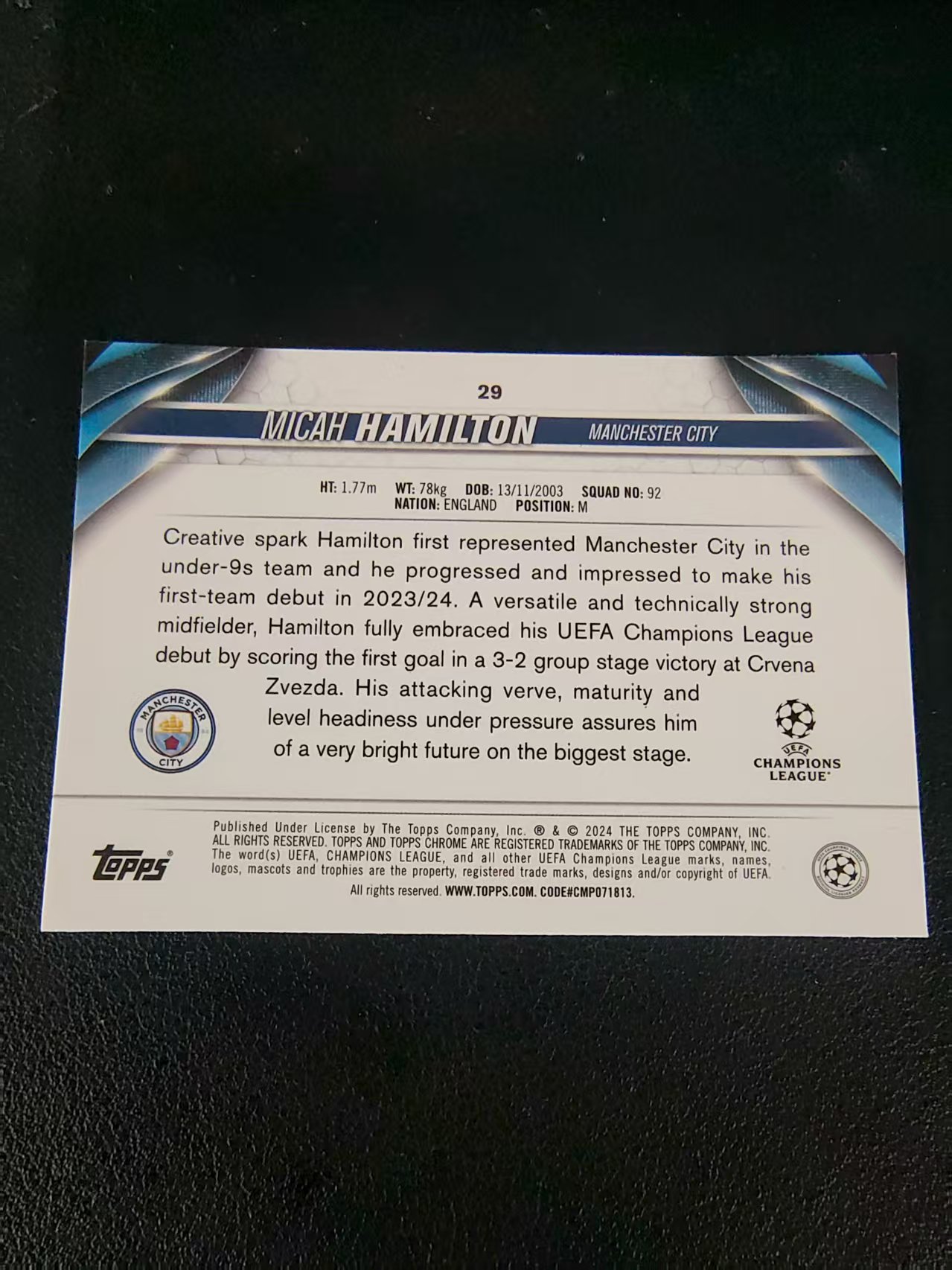【可合并,不累计】2024 Topps Chrome Micah Hamilton RC 曼城 新秀RC 汉密尔顿 欧冠 划痕 边角瑕疵 #29