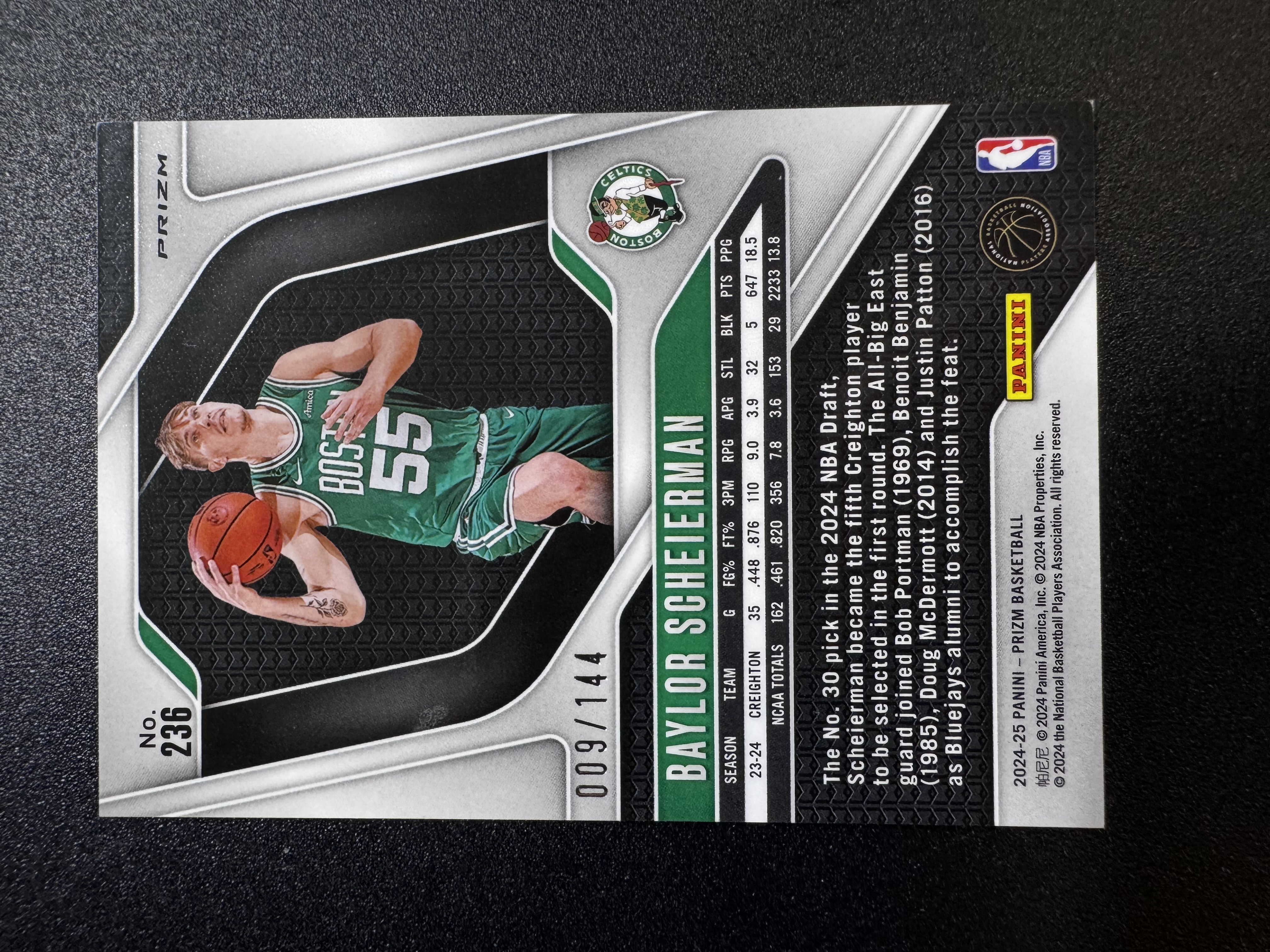 2024-25 Panini Prizm Baylor Scheierman RC pz积分补偿包 凯尔特人 新秀 贝勒 沙伊尔曼 /144编 蓝闪碎折 折射