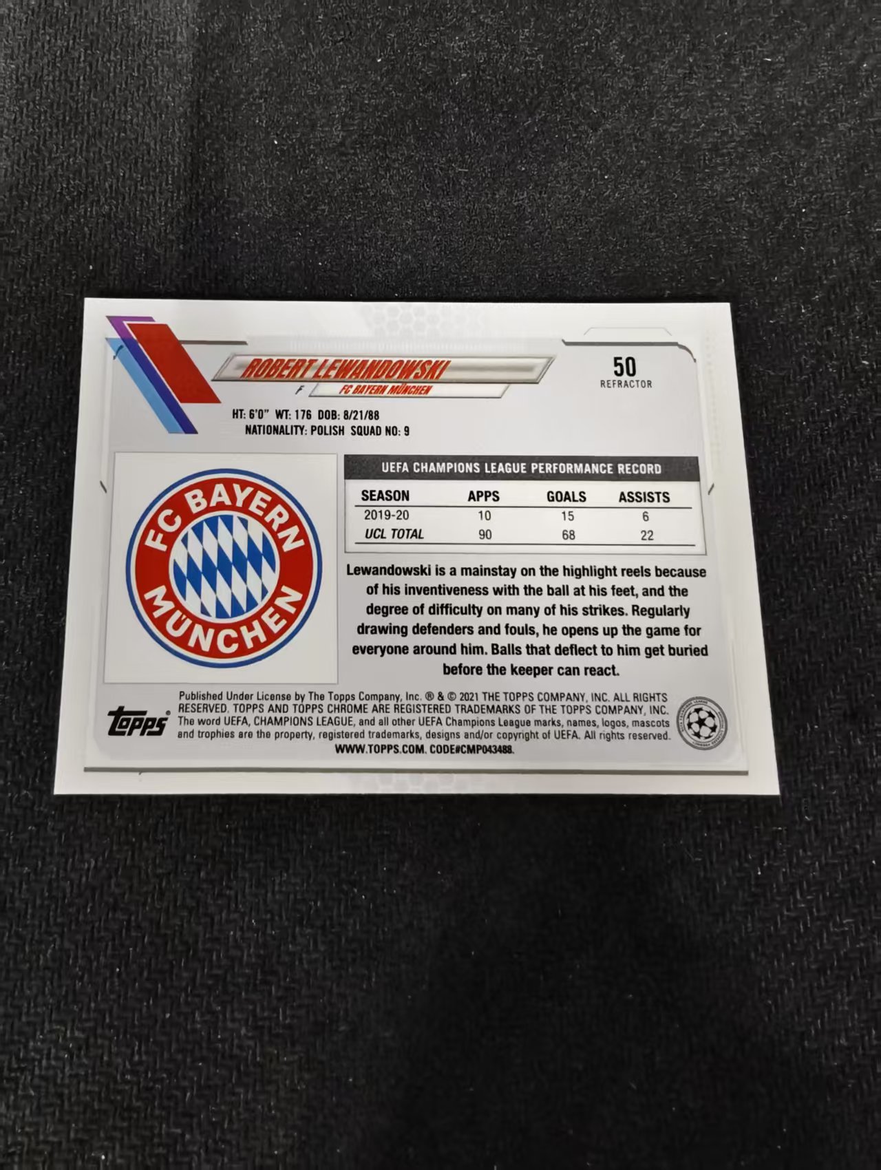 【可合并,不累计】2021 Topps Chrome Robert Lewandowski 拜仁 莱万多夫斯基 欧冠 银折 划痕 边角瑕疵 #50