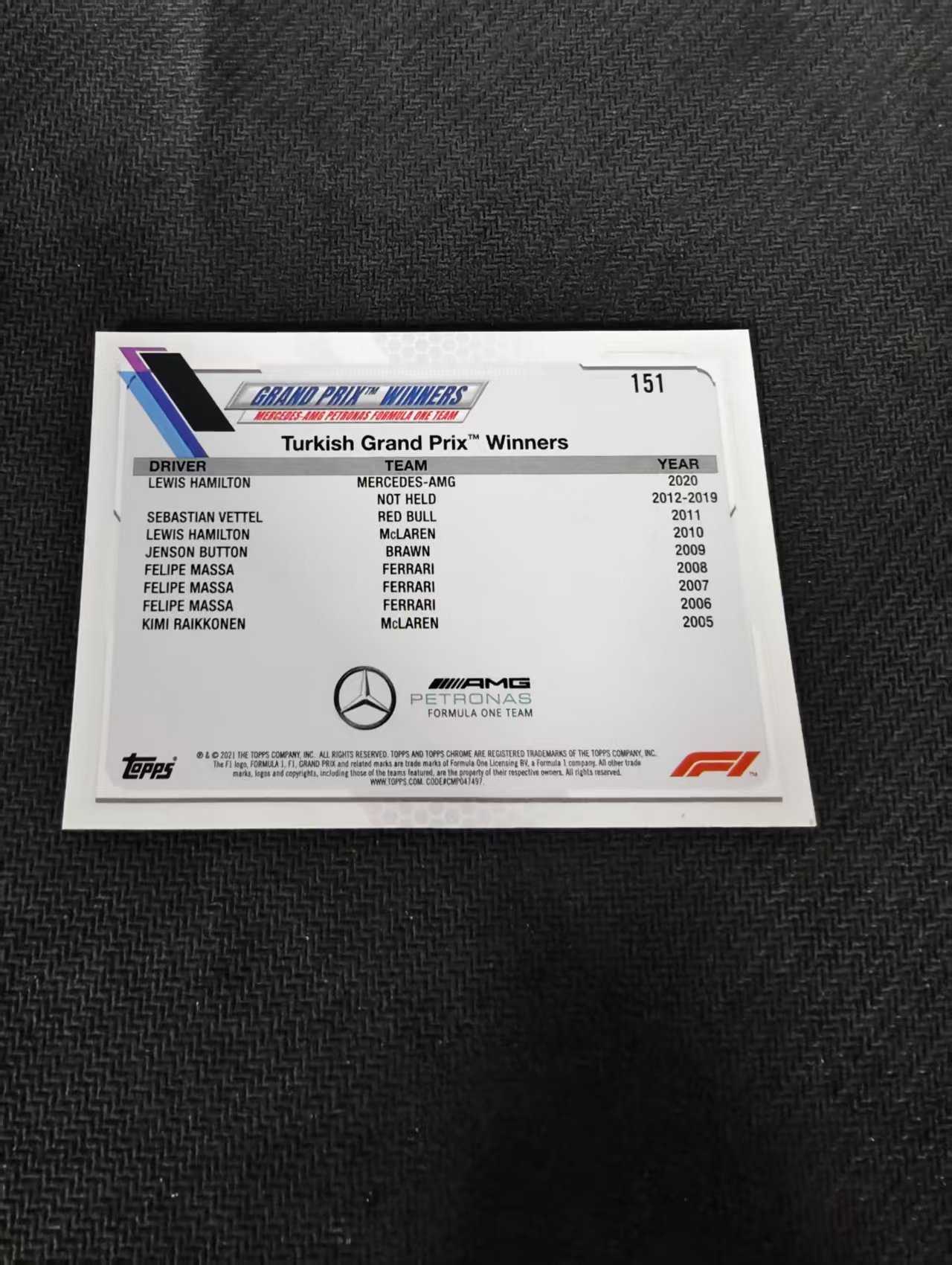 【可合并,不累计】2021 Topps Chrome Lewis Hamilton F1 梅赛德斯奔驰车队 刘易斯 汉密尔顿 划痕 边角瑕疵 #151