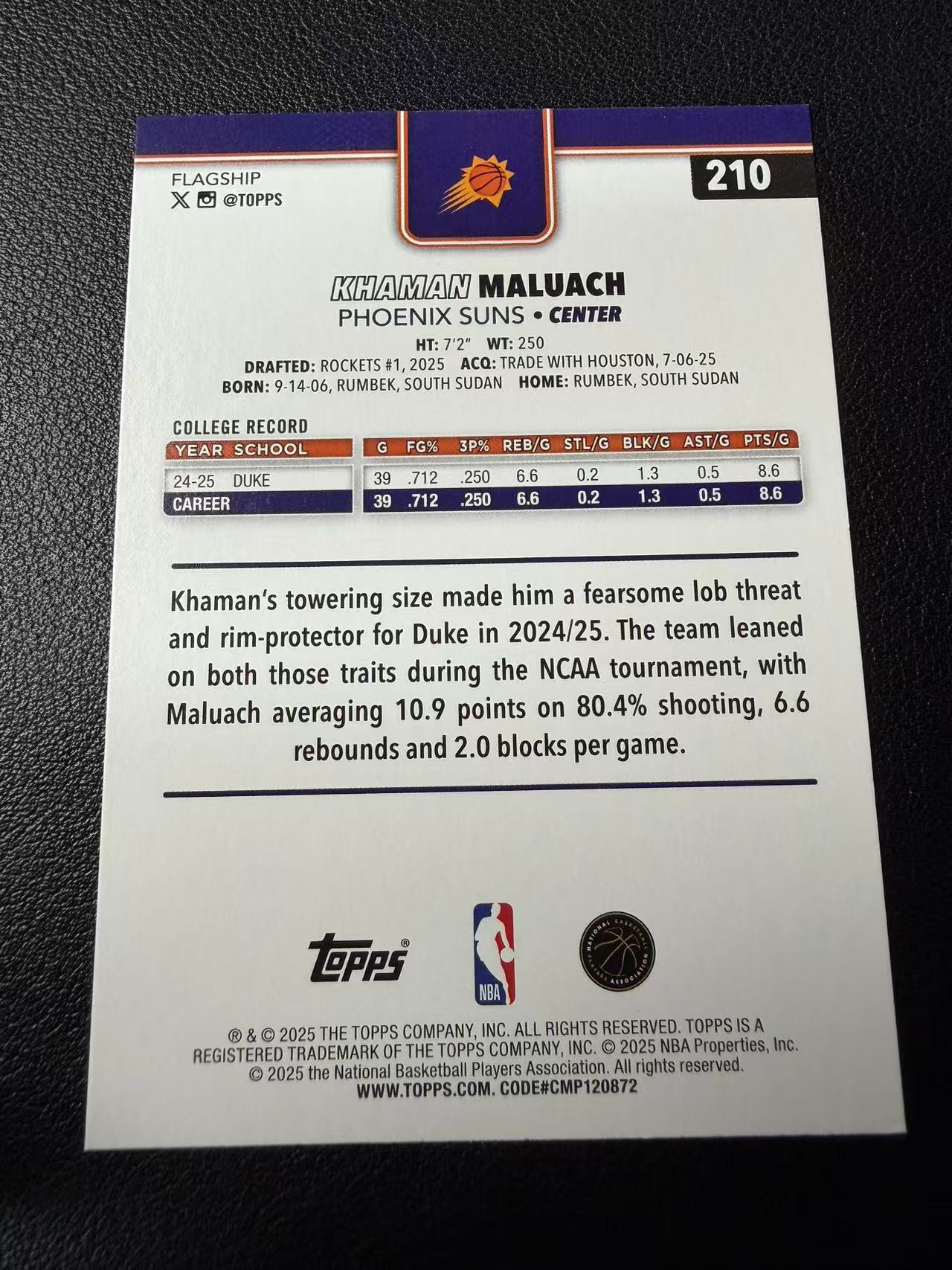 2025 Topps Flagship Khaman Maluach RC Topps 新秀年 太阳 卡曼 马卢阿奇 铜折 2025编 潜力新秀 卡品如图(郭)