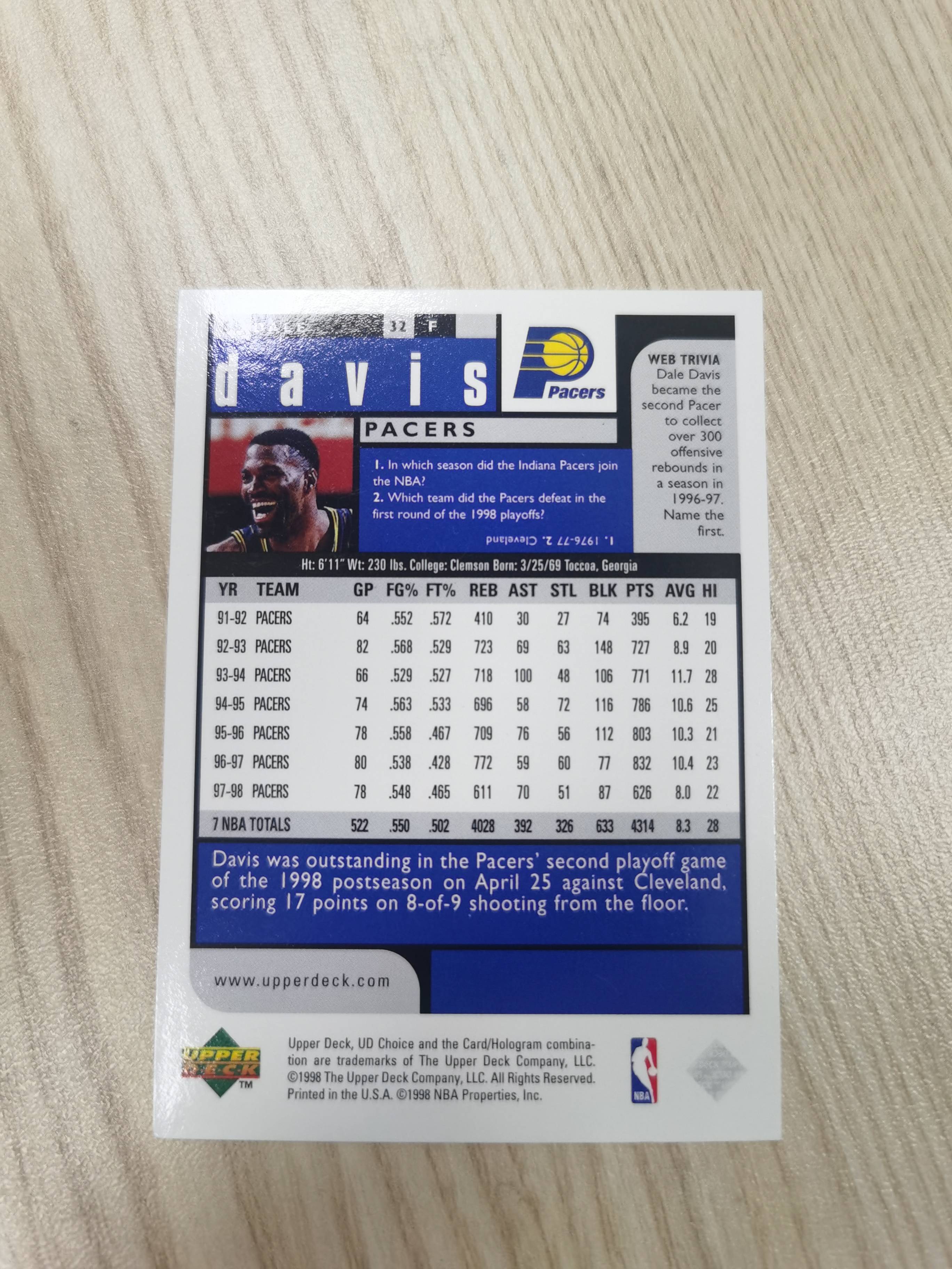 1998-99 Upper Deck Choice Dale Davis 1998-99 戴尔-戴维斯 UD choice #59 1届全明星 防守悍将 步行者 硬通货 极具收藏价值