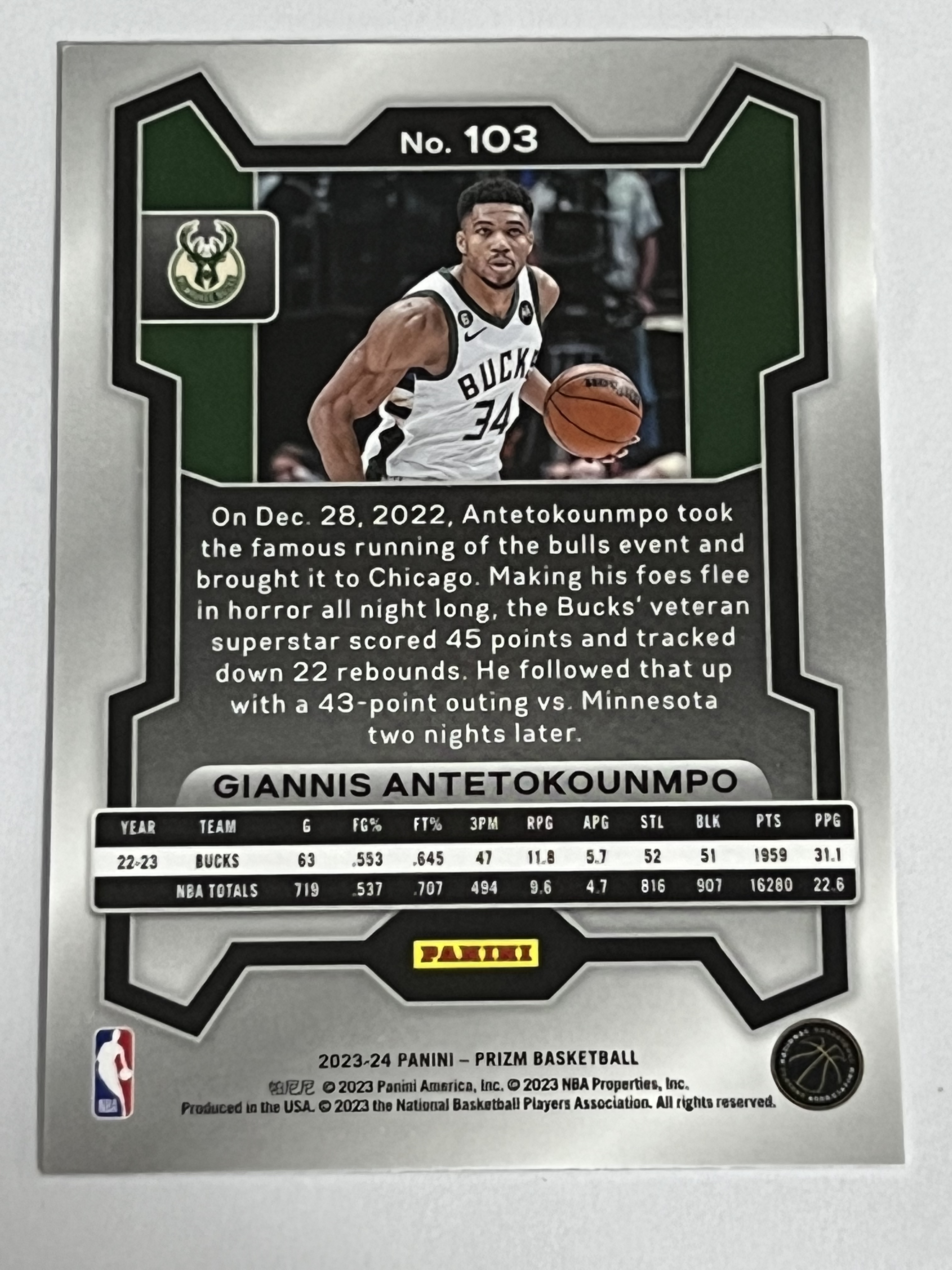 2023-24 Panini Prizm Giannis Antetokounmpo 扬尼斯 阿德托昆博 字母哥 雄鹿队 热门球星 收藏必备 可累积 可合并 #103