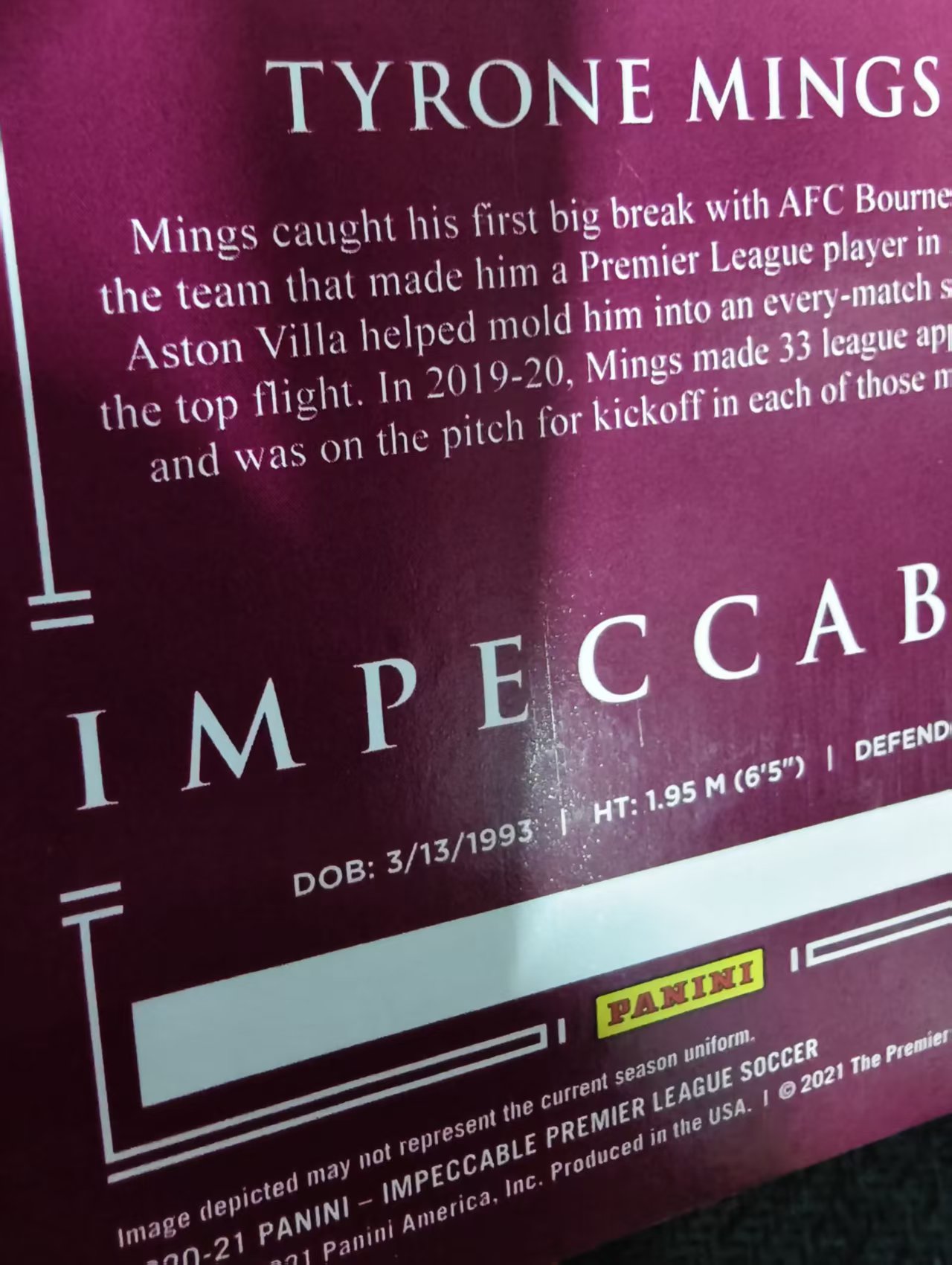 【可合并,不累计】2020-21 Panini Impeccable Tyrone Mings 英超 小真金 阿斯顿维拉 明斯 35编 划痕 边角瑕疵