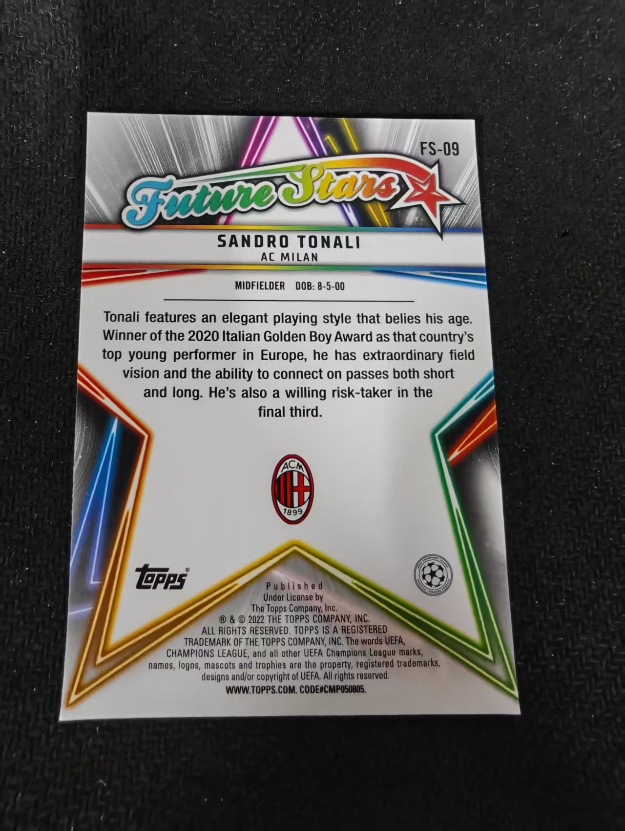 【可合并,不累计】2022 Topps Chrome Sandro Tonali 欧冠 托纳利 AC米兰 未来之星特卡 碧玉折 划痕 边角瑕疵