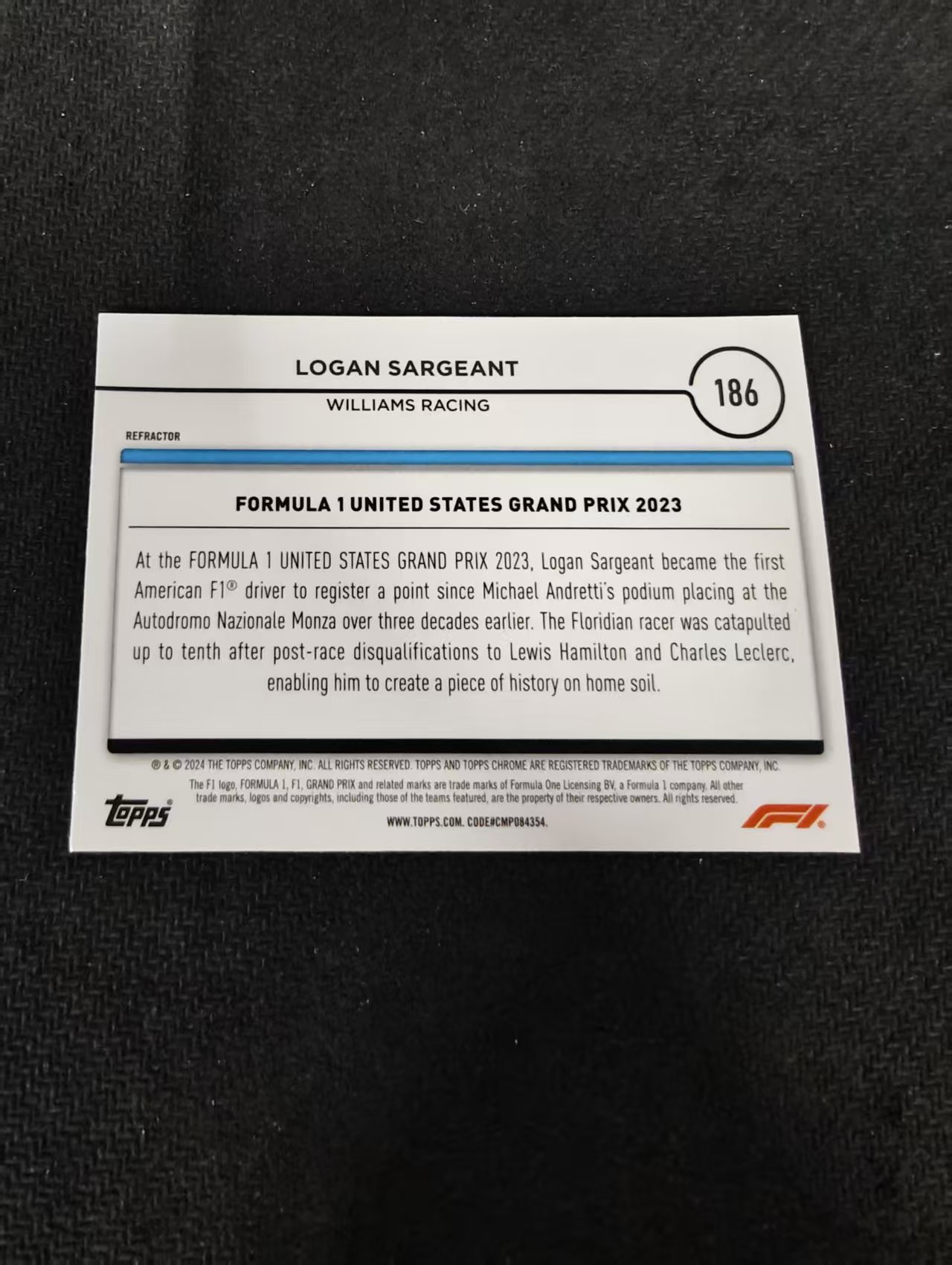 2024 Topps Chrome F1 Logan Sargeant 萨金特 威廉姆斯车队 银折 划痕 边角瑕疵 #186