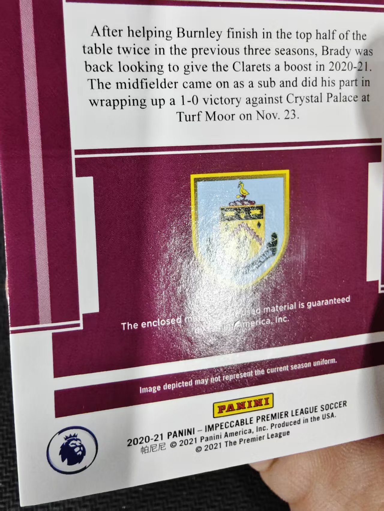 【可合并,不累计】Robbie Brady 罗比布拉迪 2020-21 Impeccable 小真金 英超 49编 球衣物料 边角微瑕