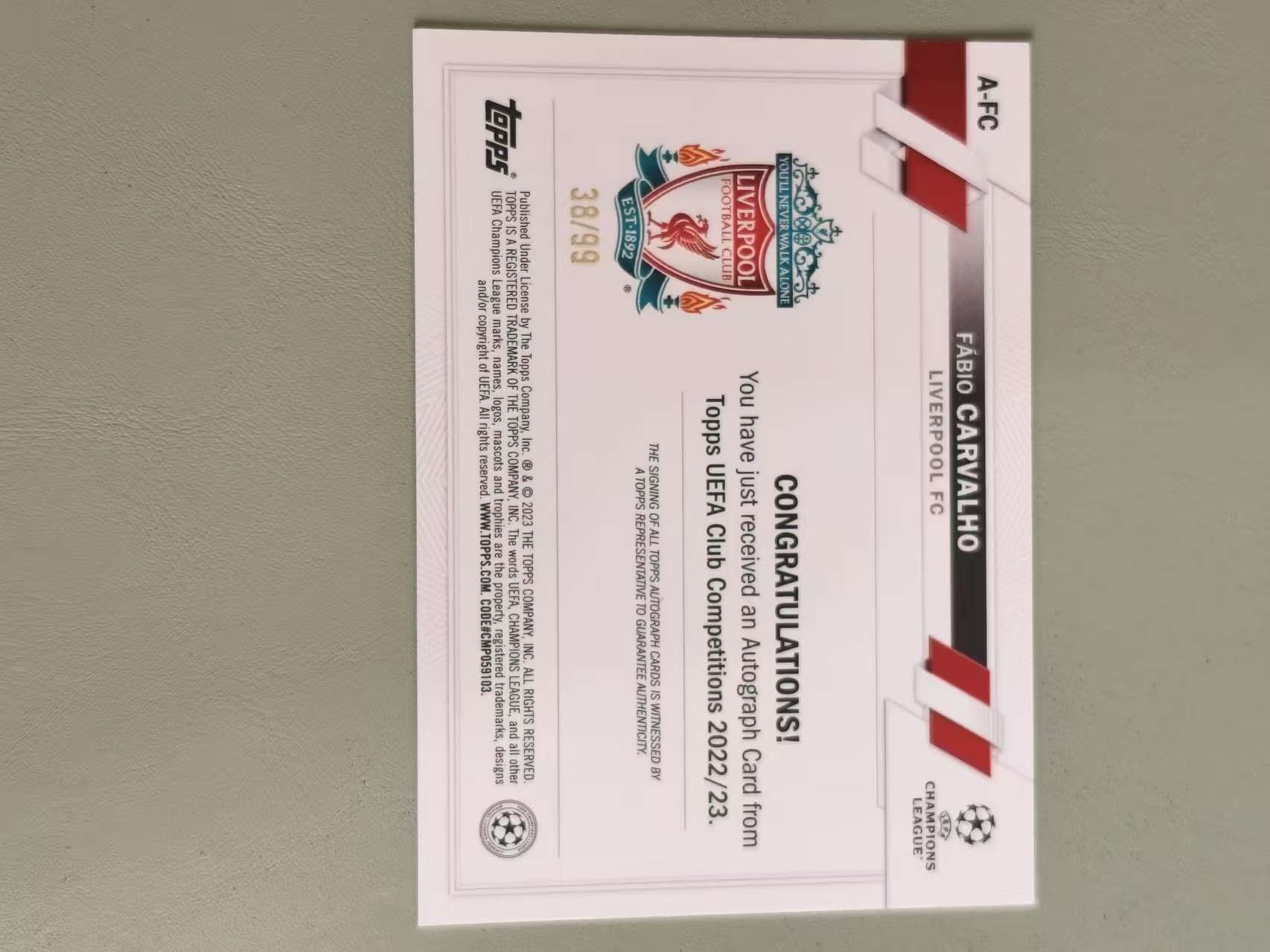2023 Topps UCC Fabio Carvalho RC 法比奥 卡瓦略 签字 蓝碎冰折 38/99编 新秀 欧冠 UCC 利物浦 卡品如图
