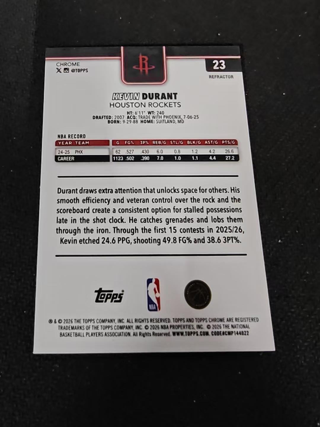 2026 Topps Chrome Update Kevin Durant 凯文 杜兰特 火箭 银折 TCU 划痕 边角瑕疵 #23