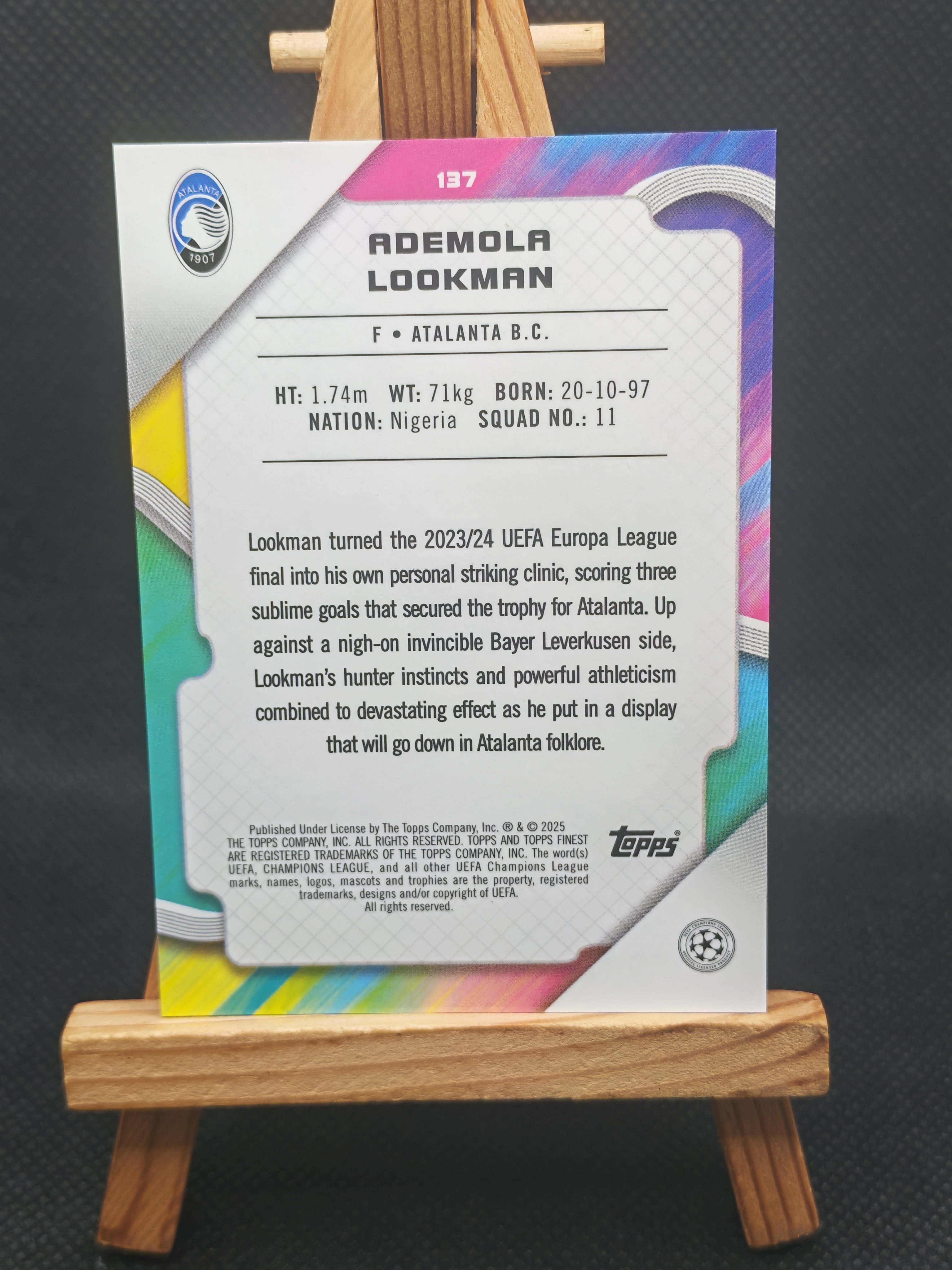 【OT拍卖0手续】2025 Topps Finest lookman 欧冠 FT 亚特兰大 卢克曼 玫瑰金折射 碎钻折 50编 卡品如图 XU610