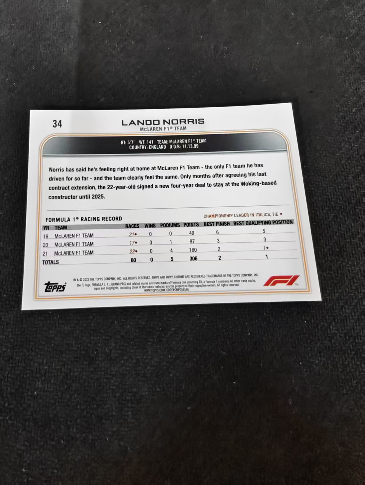 2022 Topps Chrome F1 Lando Norris 兰多 诺里斯 迈凯伦车队 划痕 边角瑕疵 #34