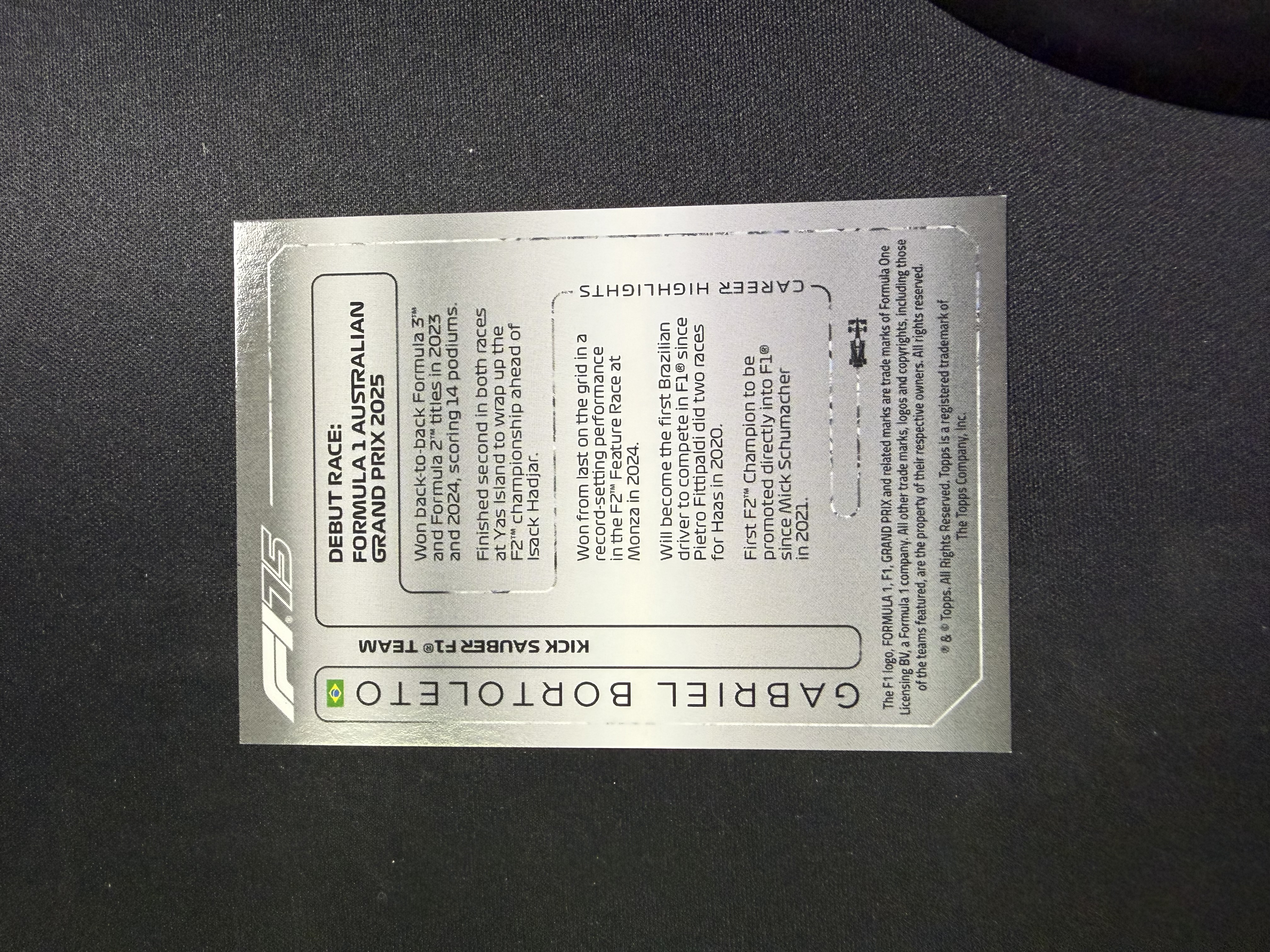 2025 Topps DIAMOND PULL Gabriel Bortoleto 加布里埃尔 博尔托莱托 索伯车队 299编 钻石折 折射 电路板 定妆照 收藏凑套必备 PPP