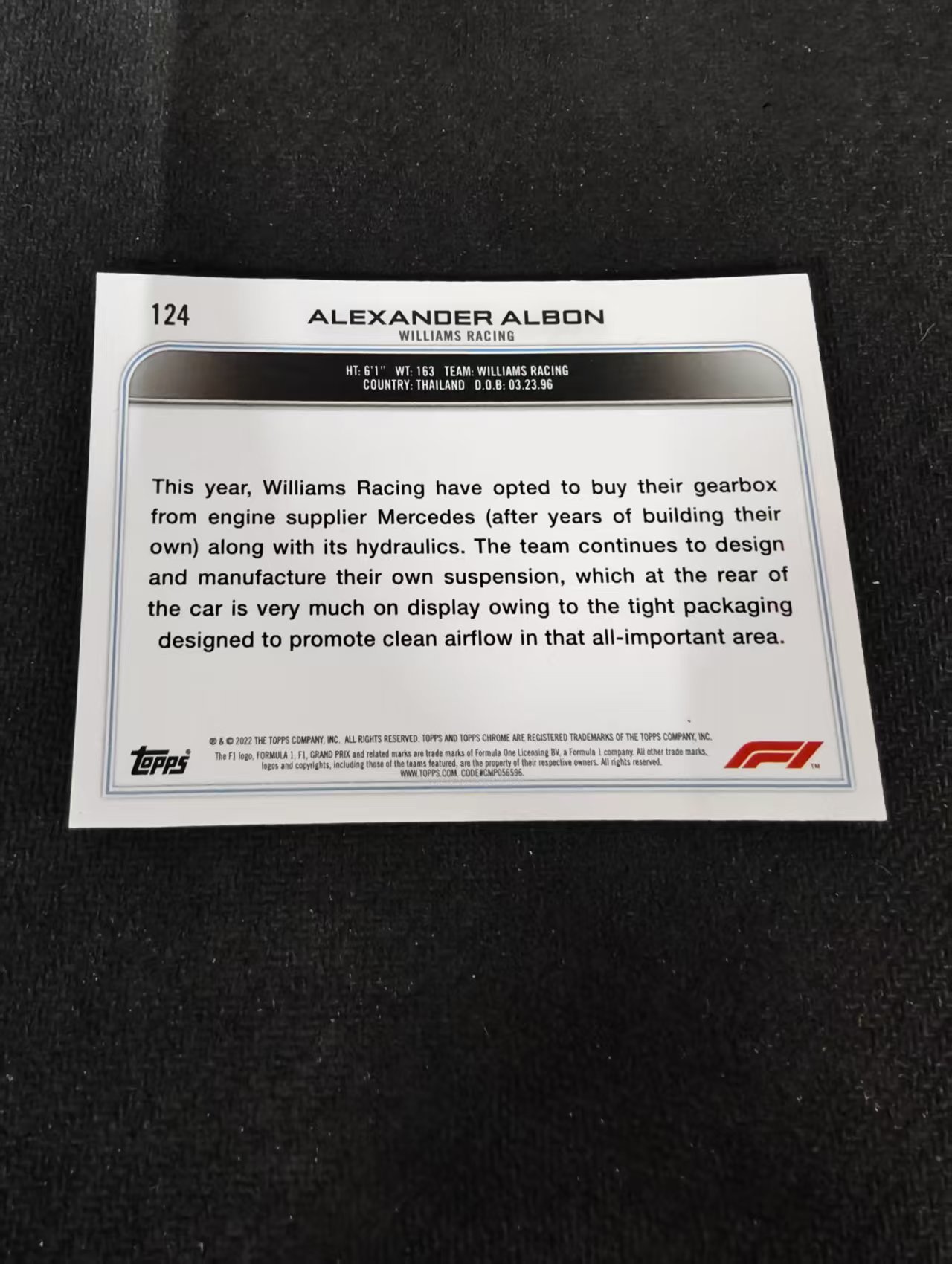2022 Topps Chrome F1 Alexander Albon F1 威廉姆斯 亚历山大 阿尔本 划痕 边角瑕疵#124