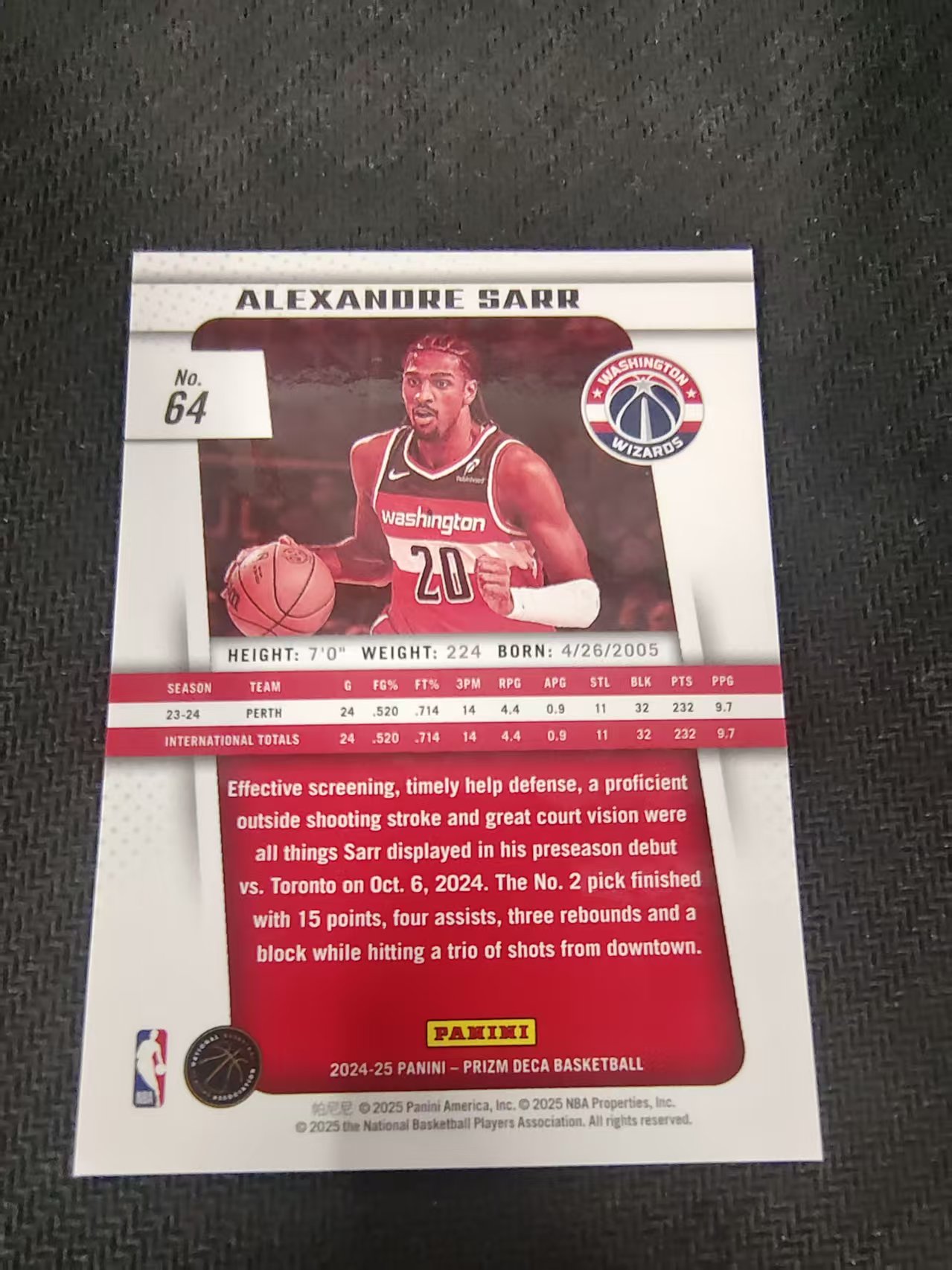 【可合并,不累计】2024-25 Prizm Deca RC Alexandre Sarr 奇才 亚历山大萨尔 复刻PZ 划痕 边角瑕疵 #64
