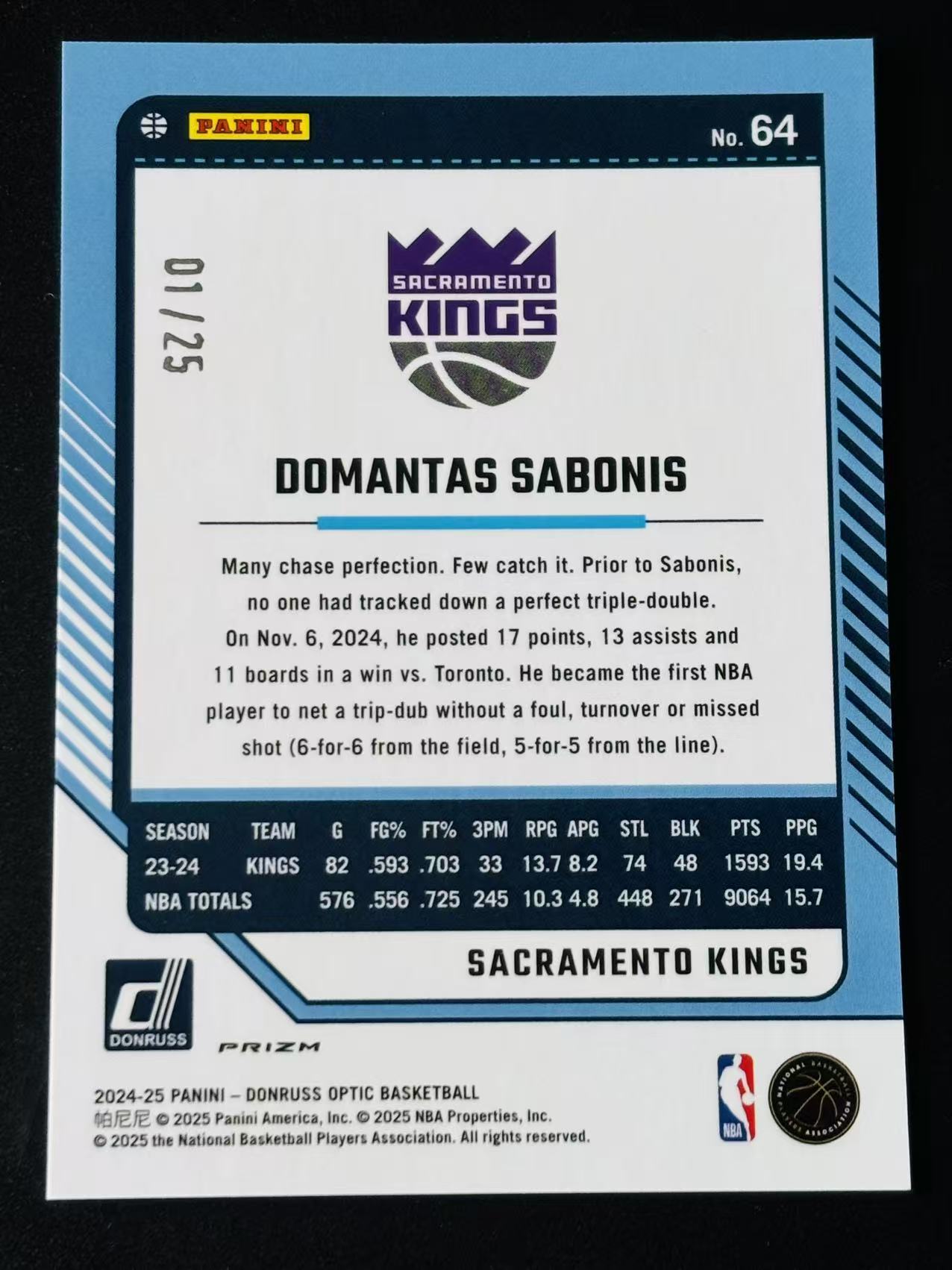2024-25 Panini Donruss Domantas Sabonis 杜蕾斯OP 国王 多曼塔尔 萨博尼斯 01/25编 首编 绿圈圈折 不累计
