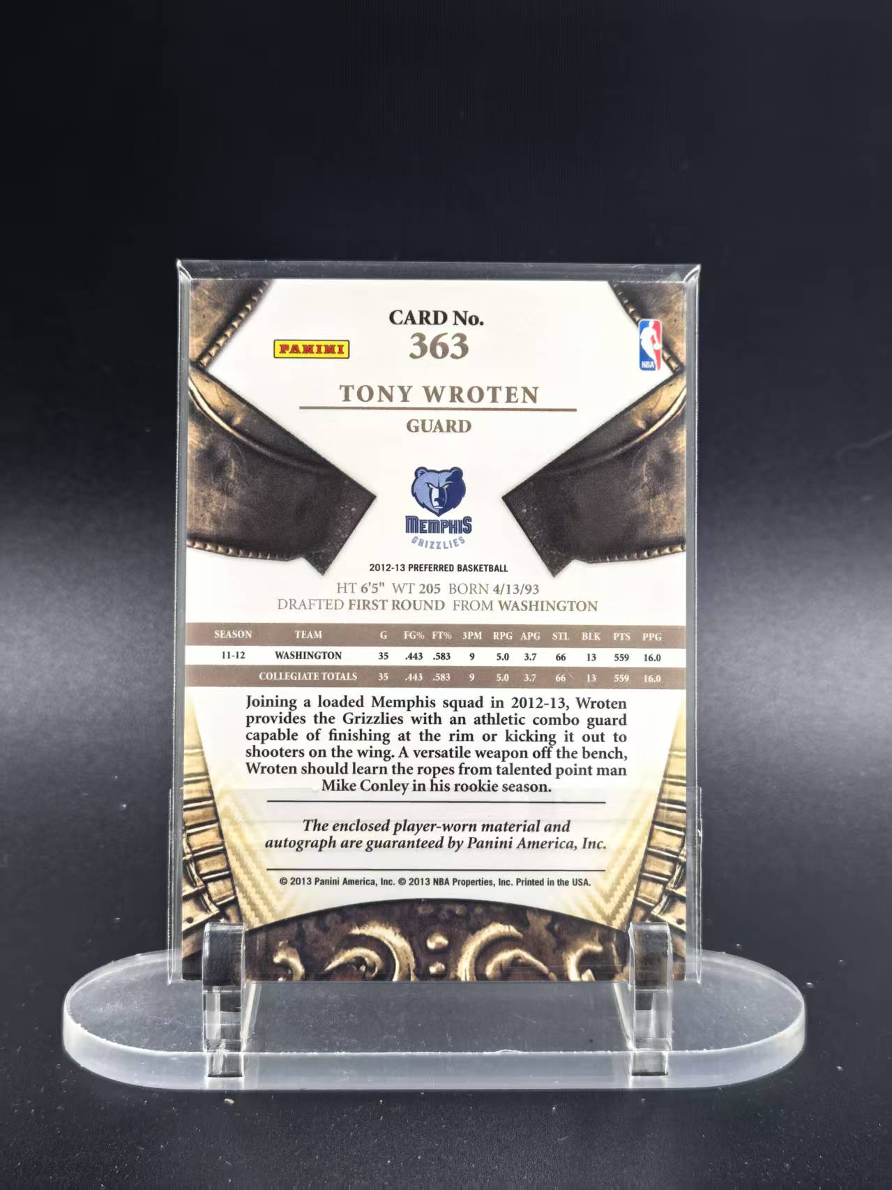 2012-13 Panini Preferred Tony Wroten RC #363 托尼 沃顿 皇冠 剪影 RJA 新秀大窗球衣 卡签 59/99编