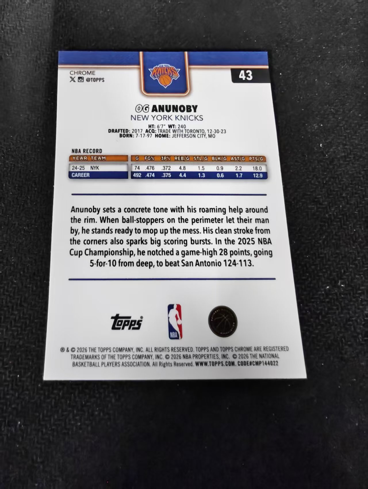 2026 Topps Chrome Update OG Anunoby 尼克斯 OG 阿奴诺比 阿努诺比 TCU 划痕 边角瑕疵 #43