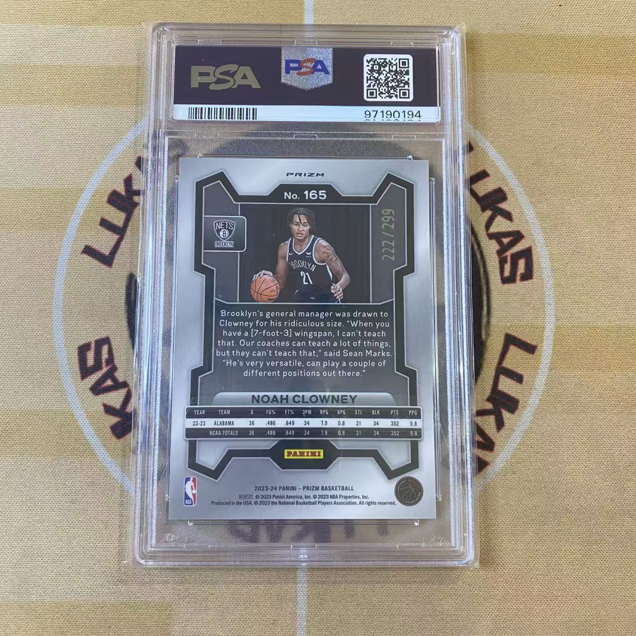 撸卡厮 Lukas 2324 prizm 篮网 潜力新秀 诺厄 克洛尼 Noah Clowney 299编 红折 新秀折 psa10分 完美卡品(人种)