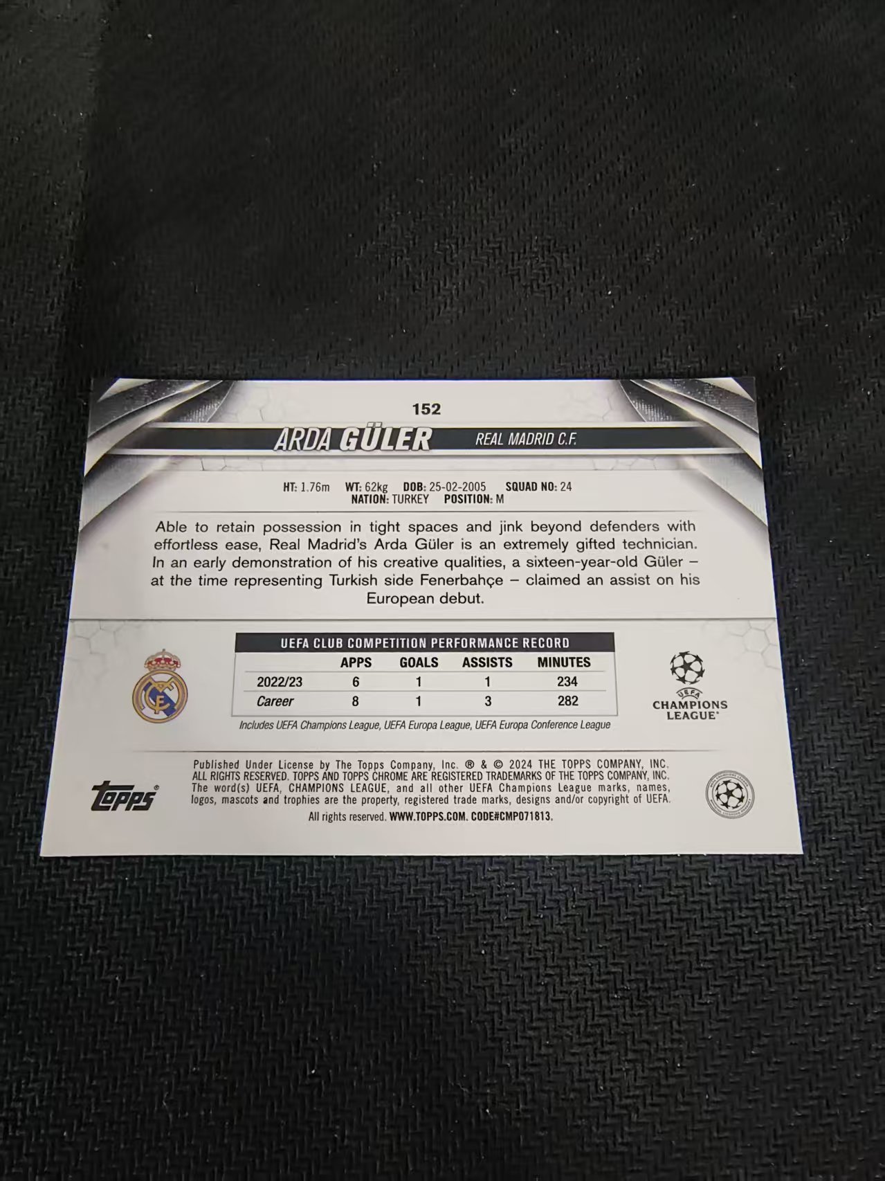 【可合并,不累计】2024 topps chrome Arda Guler 皇家马德里 居莱尔 欧冠 划痕 边角瑕疵 #152