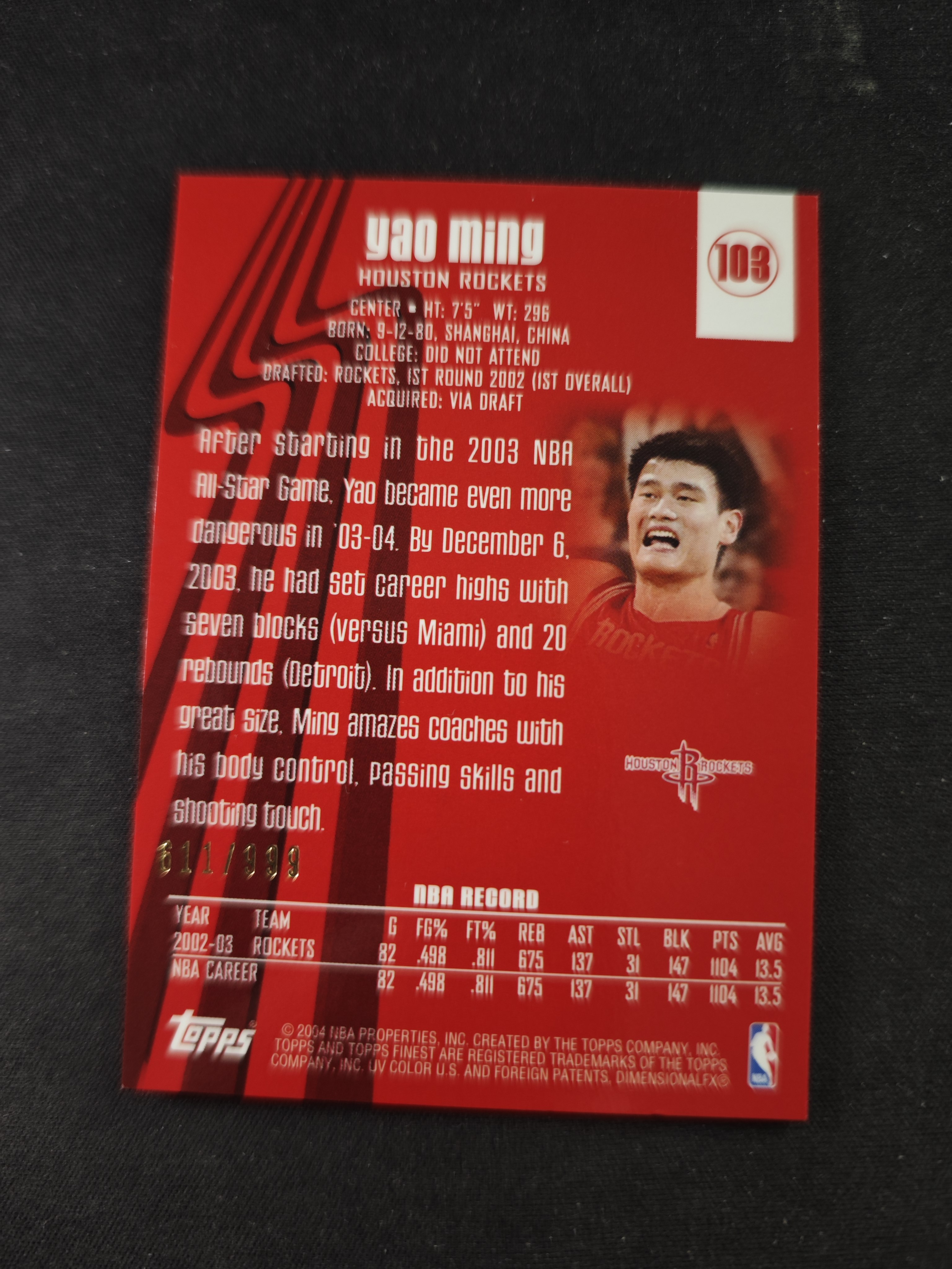 【蛤蟆特卖】SHI 姚明 姚主席 小巨人 2004 TOPPS finest系列 实物球衣 限量999编 经典反光设计 超级漂亮 边角微瑕 卡品如图 专收必备!