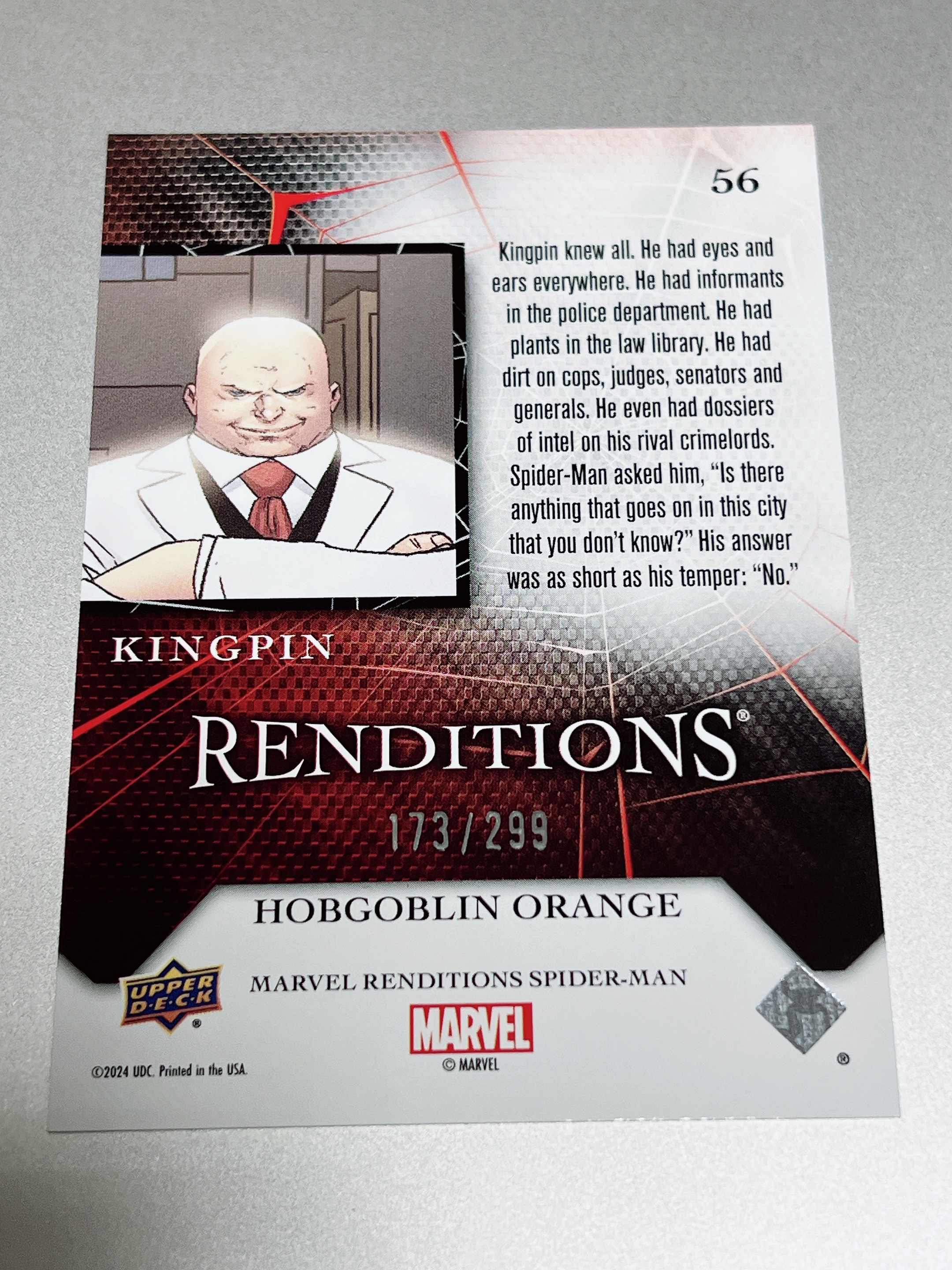 2024 Upper Deck Marvel (MCU) renditions 漫威 蜘蛛侠 演绎 Kingpin 金并 限量 173/299 299编 夜魔侠反派 蜘蛛侠 品相如图 凑套必备