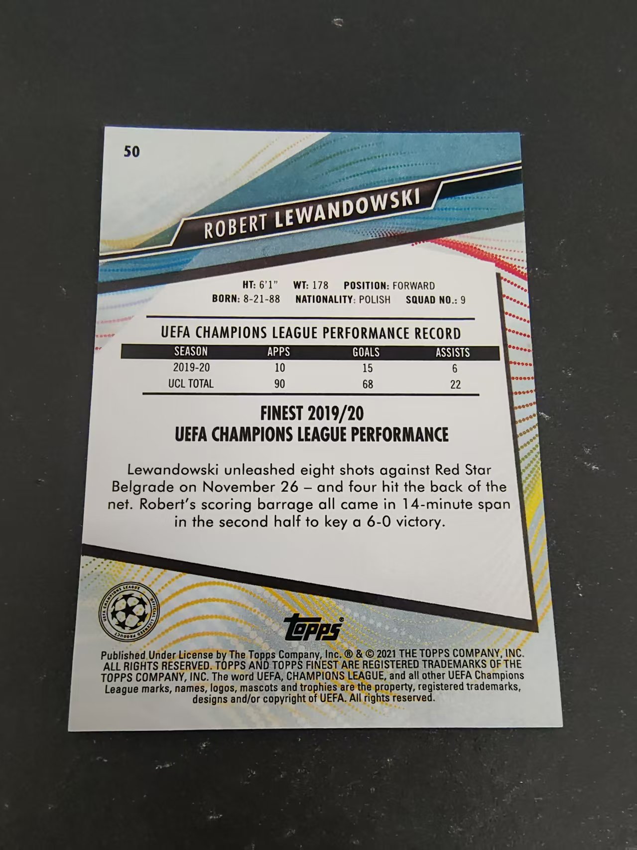 【可合并,不累计】2021 Topps Finest Robert Lewandowski 拜仁 莱万多夫斯基 欧冠 划痕 边角瑕疵 #50
