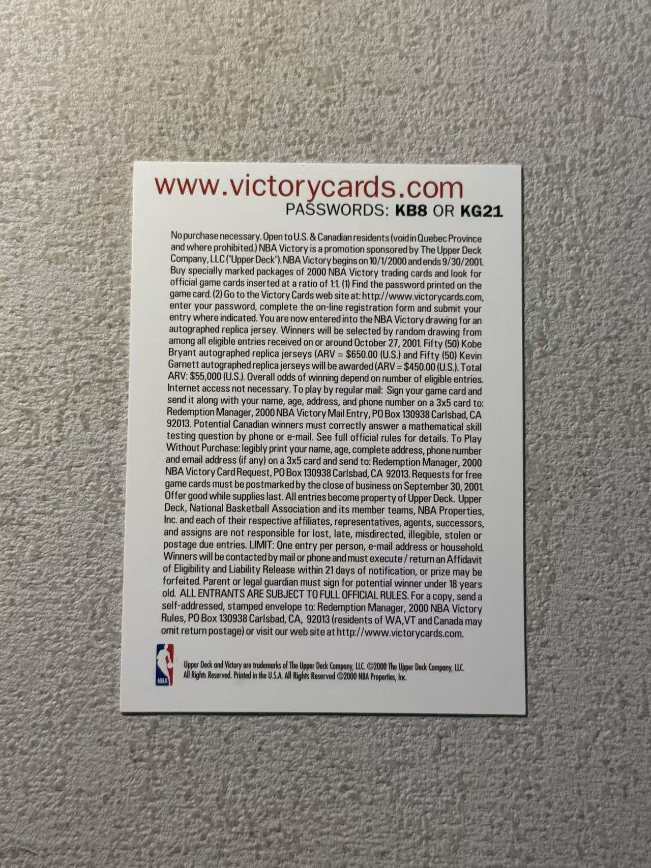 2000 Upper Deck nba Kobe Bryant 科比 布莱恩特 加内特 小背心 稀有老特 经典选图 收藏必备