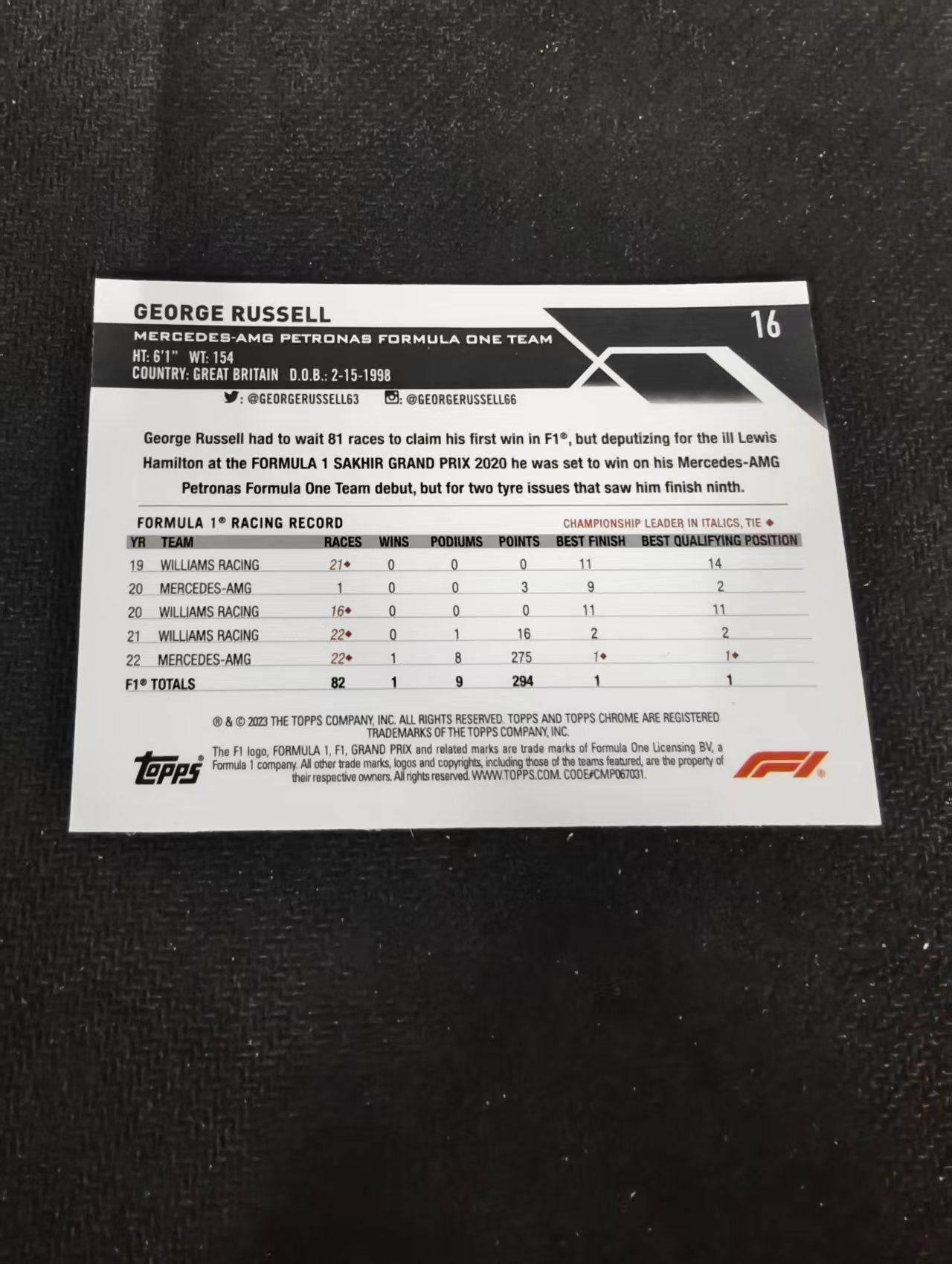 2023 Topps Chrome F1 George Russell 乔治 拉塞尔 梅赛德斯车队 划痕 边角瑕疵 #16
