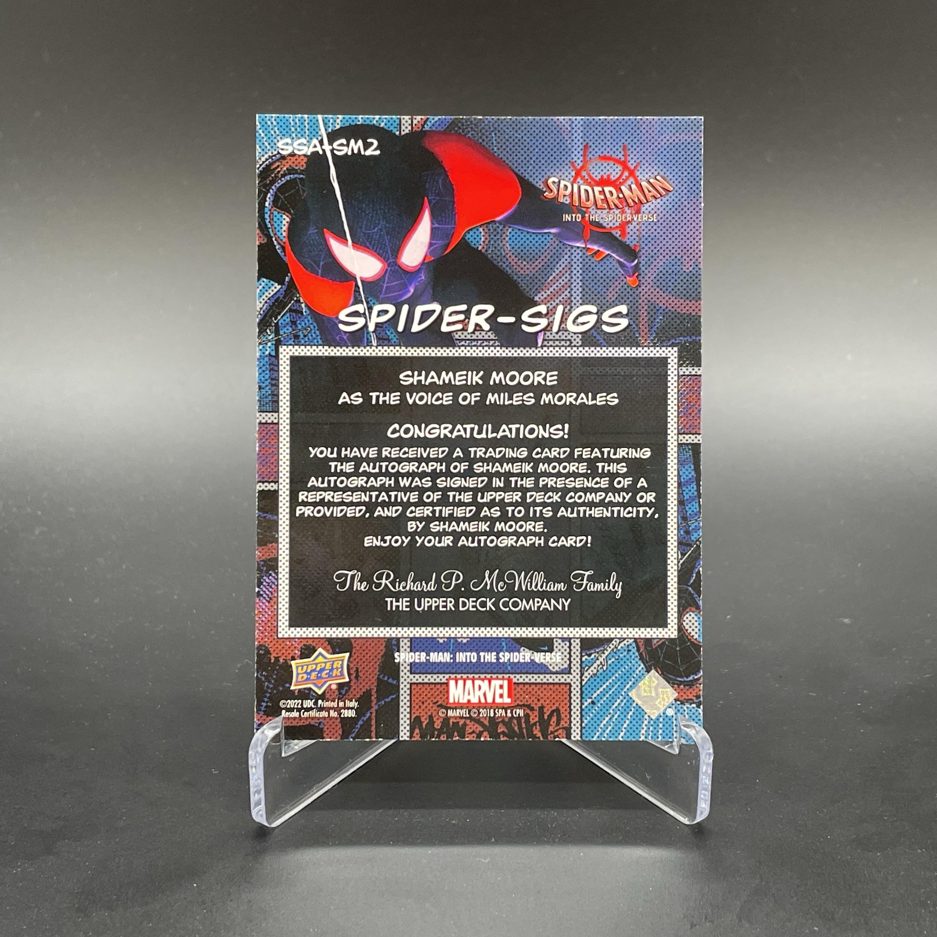 2018 Upper Deck Marvel Spider-Man Shameik Moore 漫威 蜘蛛侠 平行宇宙 沙梅克 摩尔 Miles Morales 配音演员 签字 铭文 品墨如图 wy