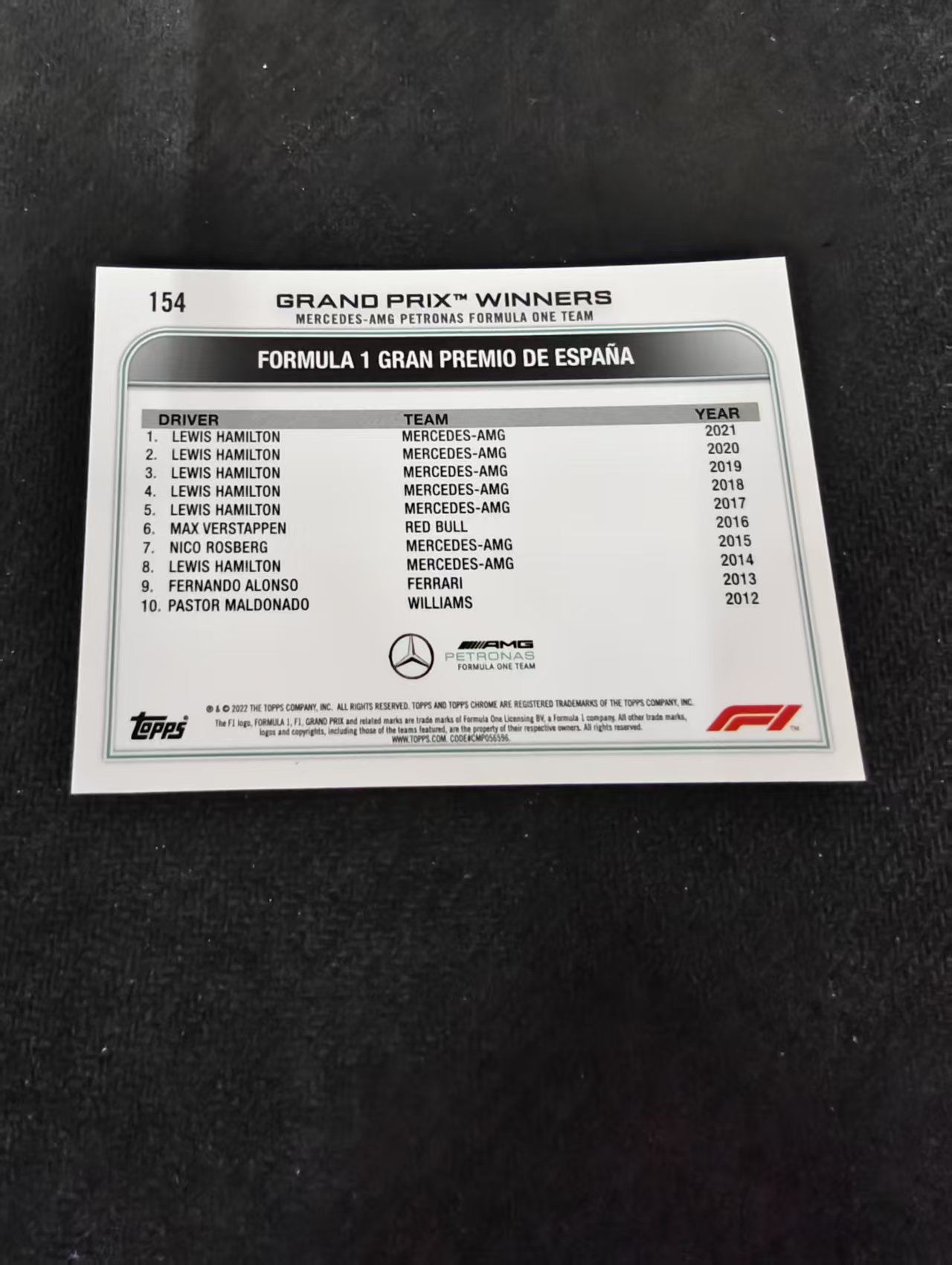 2022 Topps Chrome F1 Lewis Hamilton 刘易斯 汉密尔顿 AMG梅赛德斯奔驰 划痕 边角瑕疵 #154
