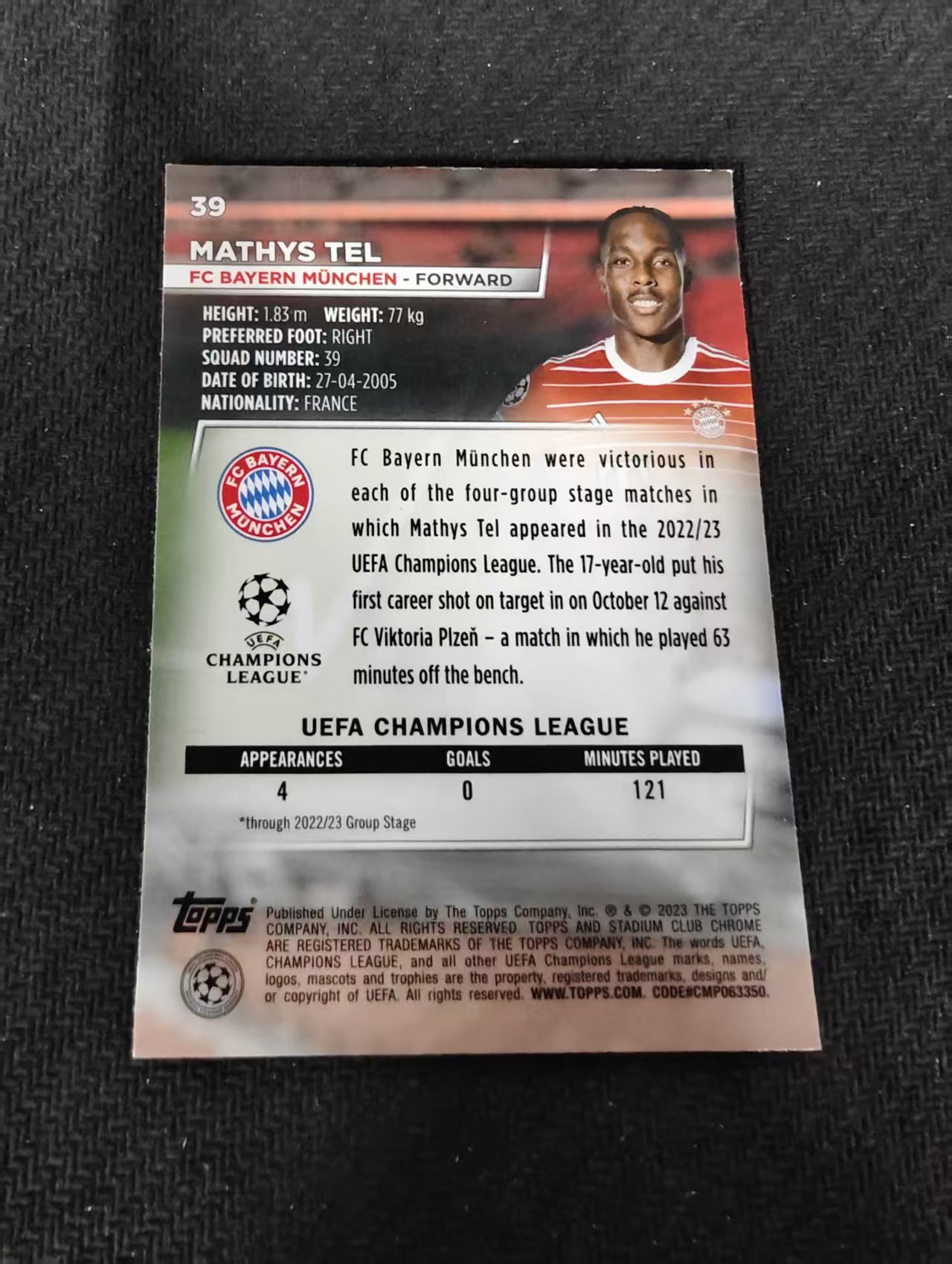 【可合并,不累计】2023 Topps Stadium Club Chrome mathys tel 特尔 拜仁慕尼黑 欧冠 竞技场 不保卡品 介意勿拍 #39