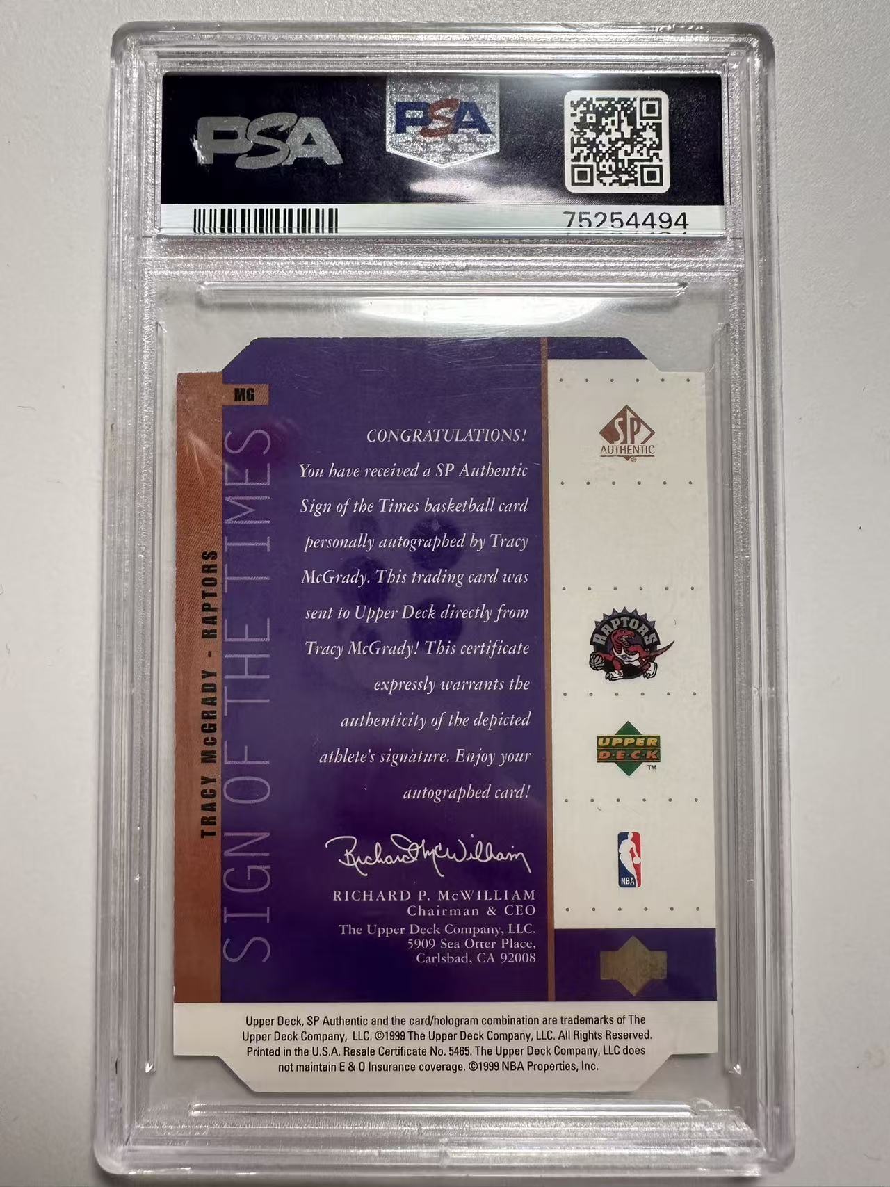 1999 Upper Deck SP Authentic Tracy McGrady 特雷西 麦克格雷迪 麦迪 卡签 PSA评级 老卡很美 难得全签!