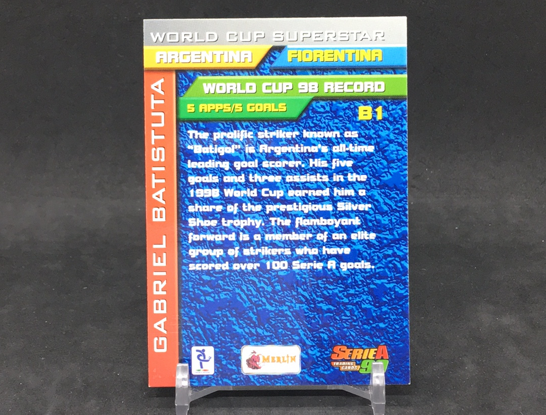 【DC拍卖】11.01 小科比 MERLIN SERIE A 99 意甲系列 稀有大比例世界杯巨星特卡 实卡美如画 意甲豪门佛罗伦萨队传奇巨星 战神 加夫列尔 奥马尔 巴蒂斯图塔(微瑕)