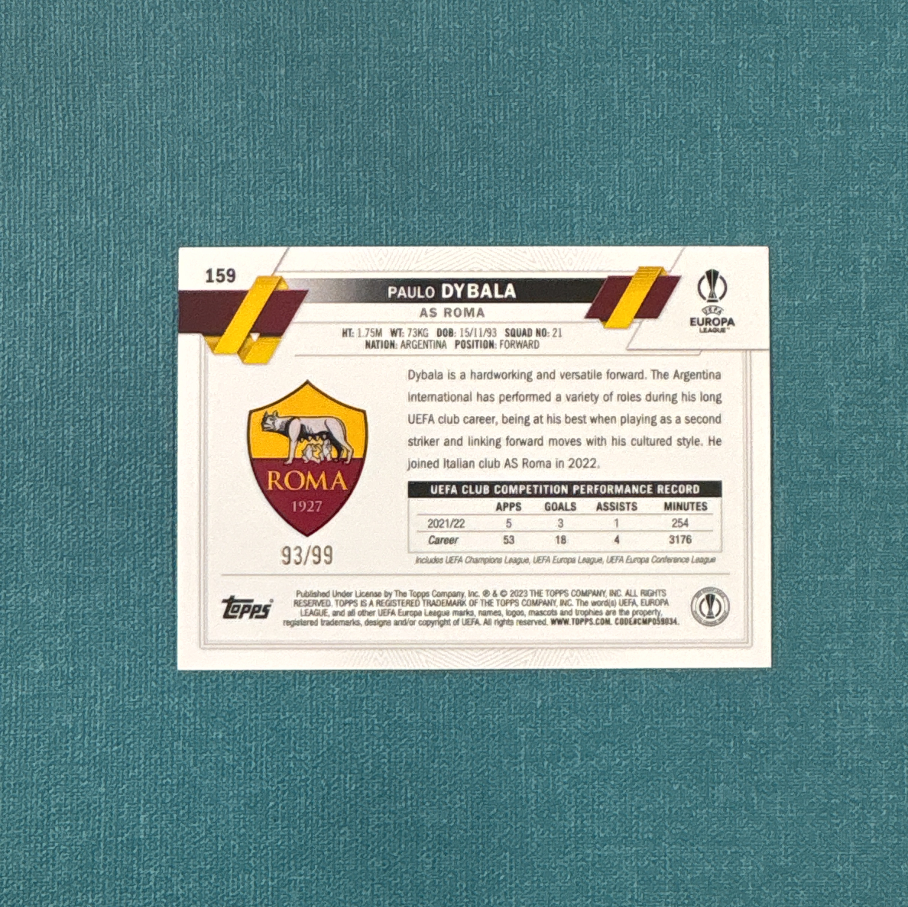 2022-23 Topps UCC 欧战 Paulo Dybala 保罗 迪巴拉 93/99编 蓝冰封折 罗马 尤文图斯 卡品如图 DYD