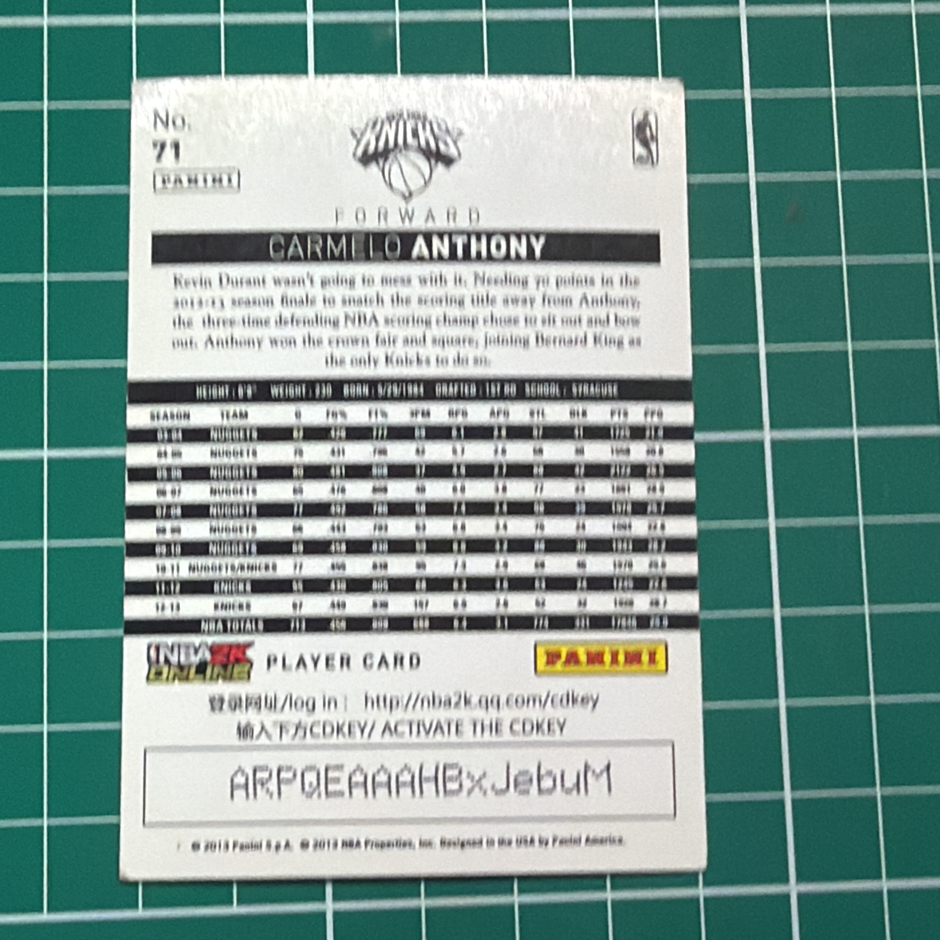 2013-14 Panini Americana Carmelo Anthony S.p.a. 卡梅隆安东尼 甜瓜 折射 银折 闪卡 特卡 十年老卡 绝版卡 稀有大比例