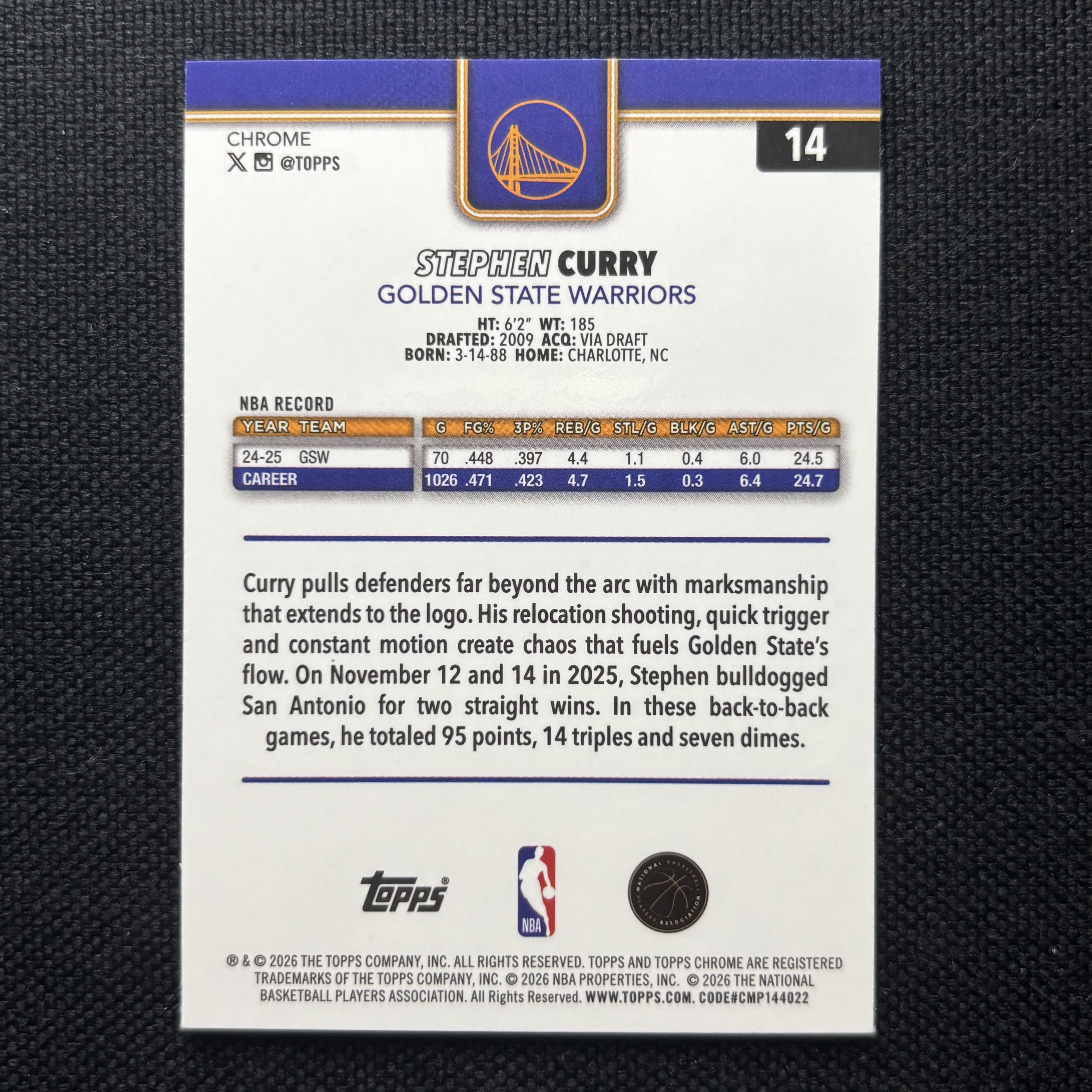 2025-26 Topps Chrome Stephen Curry 斯蒂芬库里 TC Update Base 勇士 卡品通行【小涛代卖】#结哥