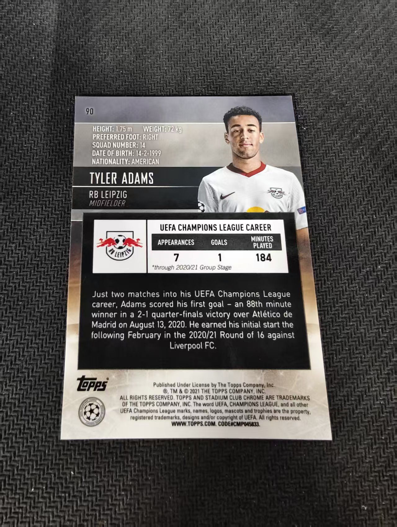 【可合并,不累计】2021 Topps Stadium Club Chrome Tyler Adams 泰勒 亚当斯 莱比锡红牛 竞技场 欧冠 划痕 边角瑕疵 #90